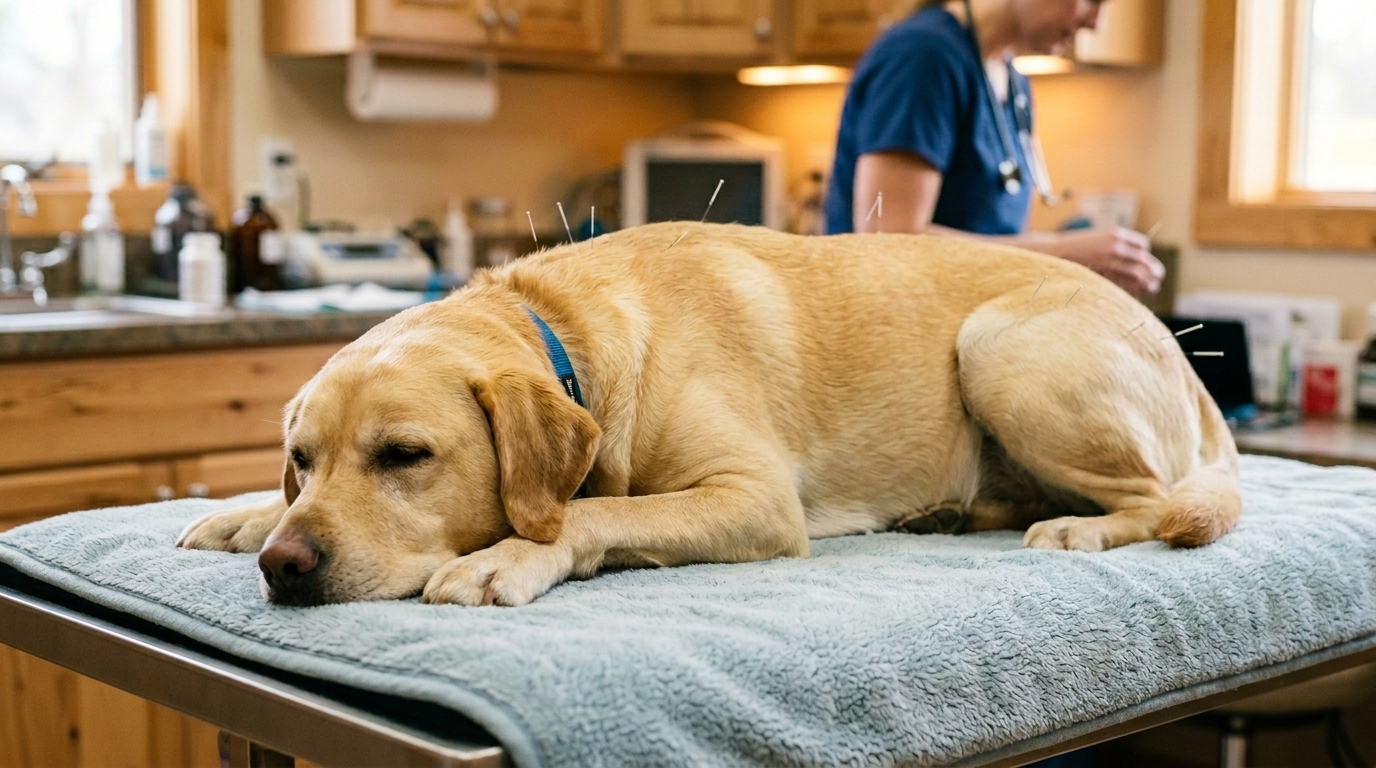 A calm Labrador lying on a soft mat in a veterinary clinic with several fine acupuncture needles in place along the spine and hips, eyes half-closed and relaxed, soft warm light