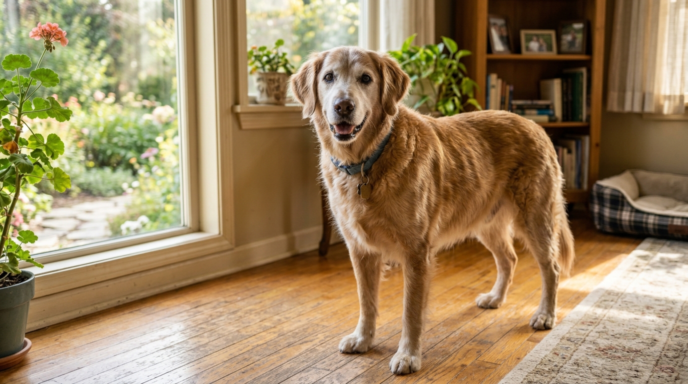 A senior dog standing alertly in a sunlit room looking engaged and bright-eyed