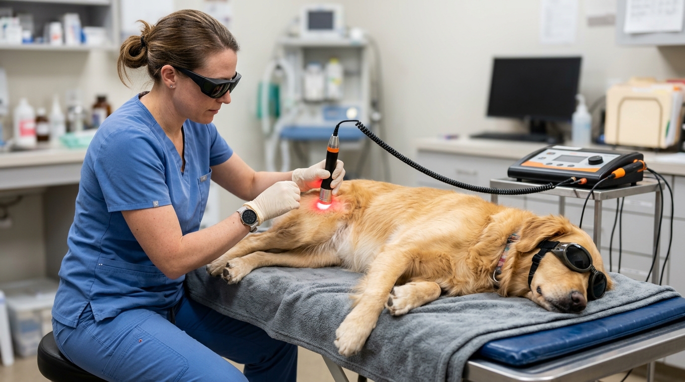 A veterinary professional holding a therapeutic laser probe over a dog's hip joint while the dog rests on a padded table, both wearing protective eyewear, clinical light