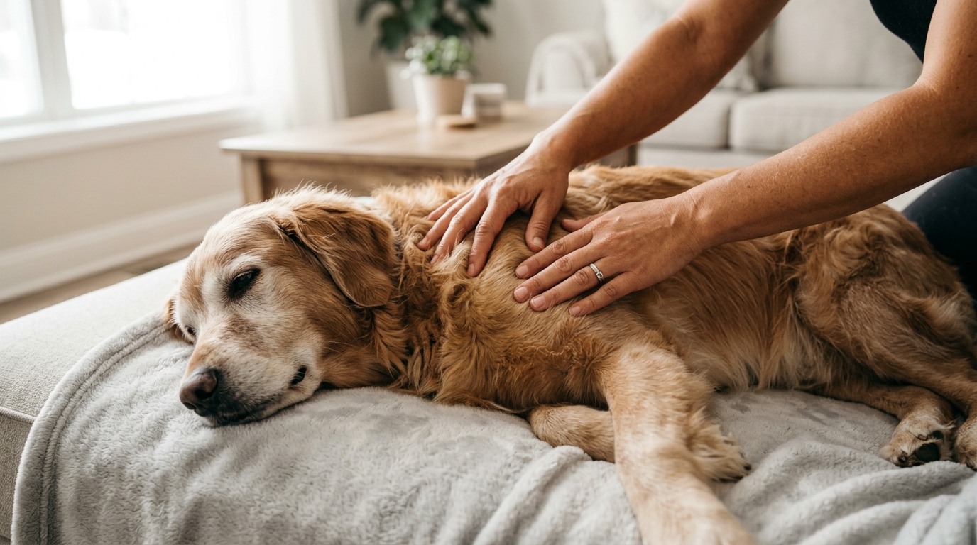 Close-up of skilled hands performing gentle therapeutic massage along a senior dog's back muscles, the dog clearly relaxed and content, soft natural light