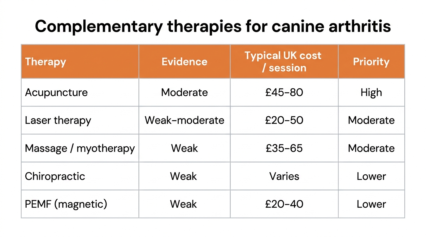 A comparison table of complementary therapies for canine arthritis with columns for therapy, evidence rating, typical UK cost per session and recommendation priority, covering acupuncture, laser, massage, chiropractic and PEMF