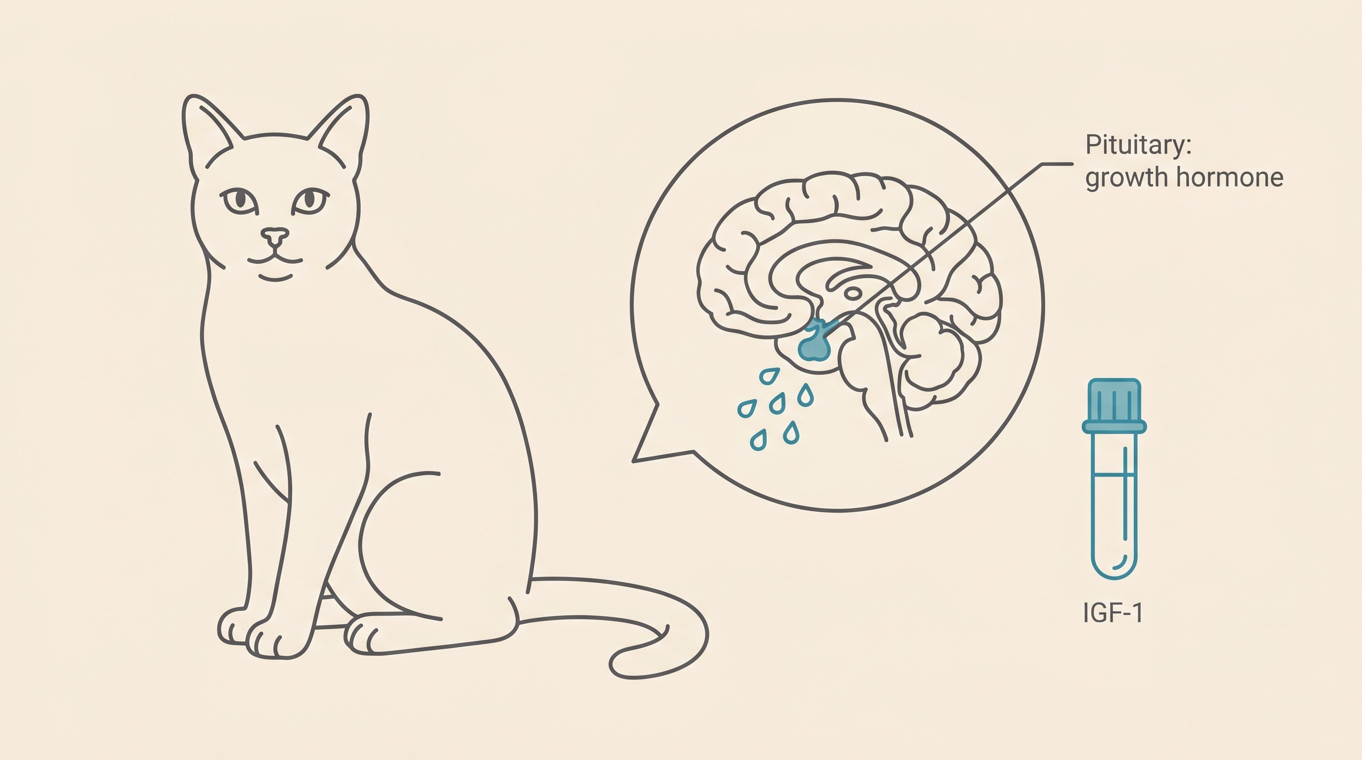 Flat illustration on cream of an ordinary-looking domestic cat beside a small magnified pituitary gland in the brain releasing growth hormone, with a blood tube labelled "IGF-1", conveying that acromegaly is invisible and needs a blood test