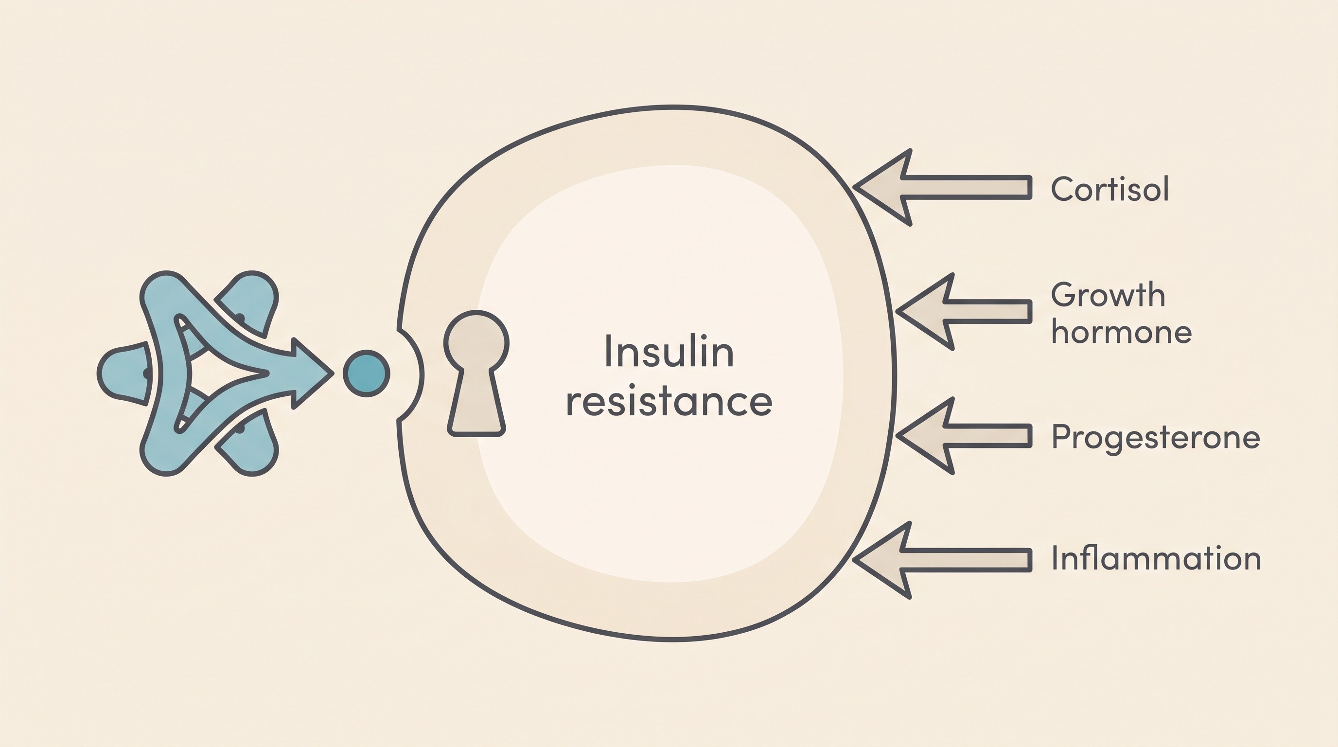 Flat icon diagram on cream showing insulin trying to push glucose into a body cell while cortisol, growth hormone, progesterone and inflammation push back, illustrating insulin resistance