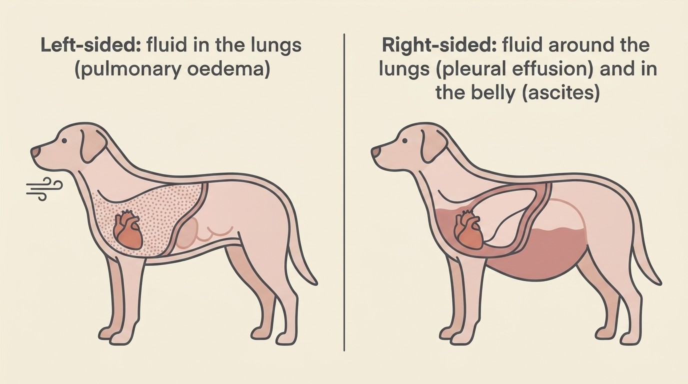 A flat, calm two-panel diagram on a cream background. The left panel shows a heart with its left side highlighted and an arrow of backed-up pressure pointing into the lungs, labelled "left-sided failure: fluid in the lungs (pulmonary oedema)" with small icons of fast breathing and a soft cough. The right panel shows a heart with its right side highlighted and arrows of backed-up pressure pointing to a rounded belly and a chest cavity, labelled "right-sided failure: fluid in the belly (ascites) or chest (pleural effusion)".