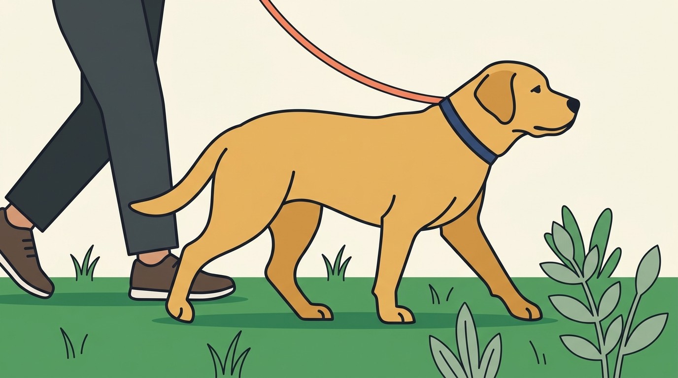 A young large-breed dog walking calmly on a lead across grass with its owner alongside