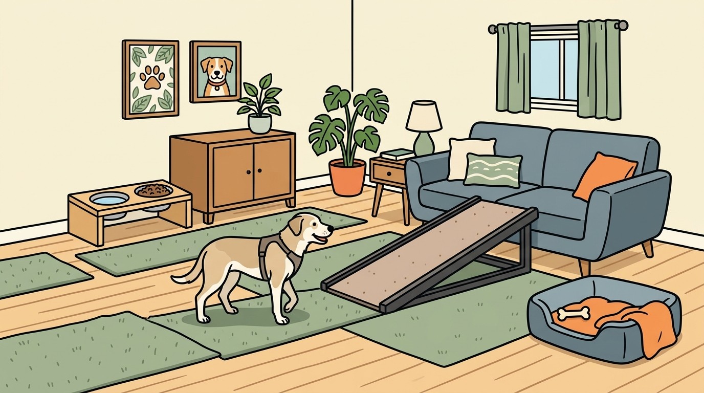 A living room set up for joint-friendly living, with rugs and runners over a slippery hard floor, a low ramp beside the sofa and a raised food bowl