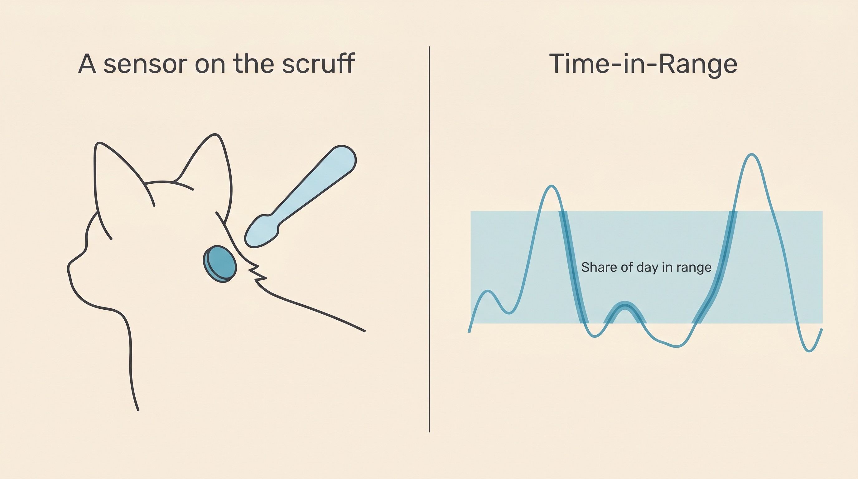 A simple panel showing a CGM sensor on the scruff of a pet on the left, and on the right a day-long glucose trace shaded to mark the in-range band, with the proportion of the day spent in range labelled as Time-in-Range