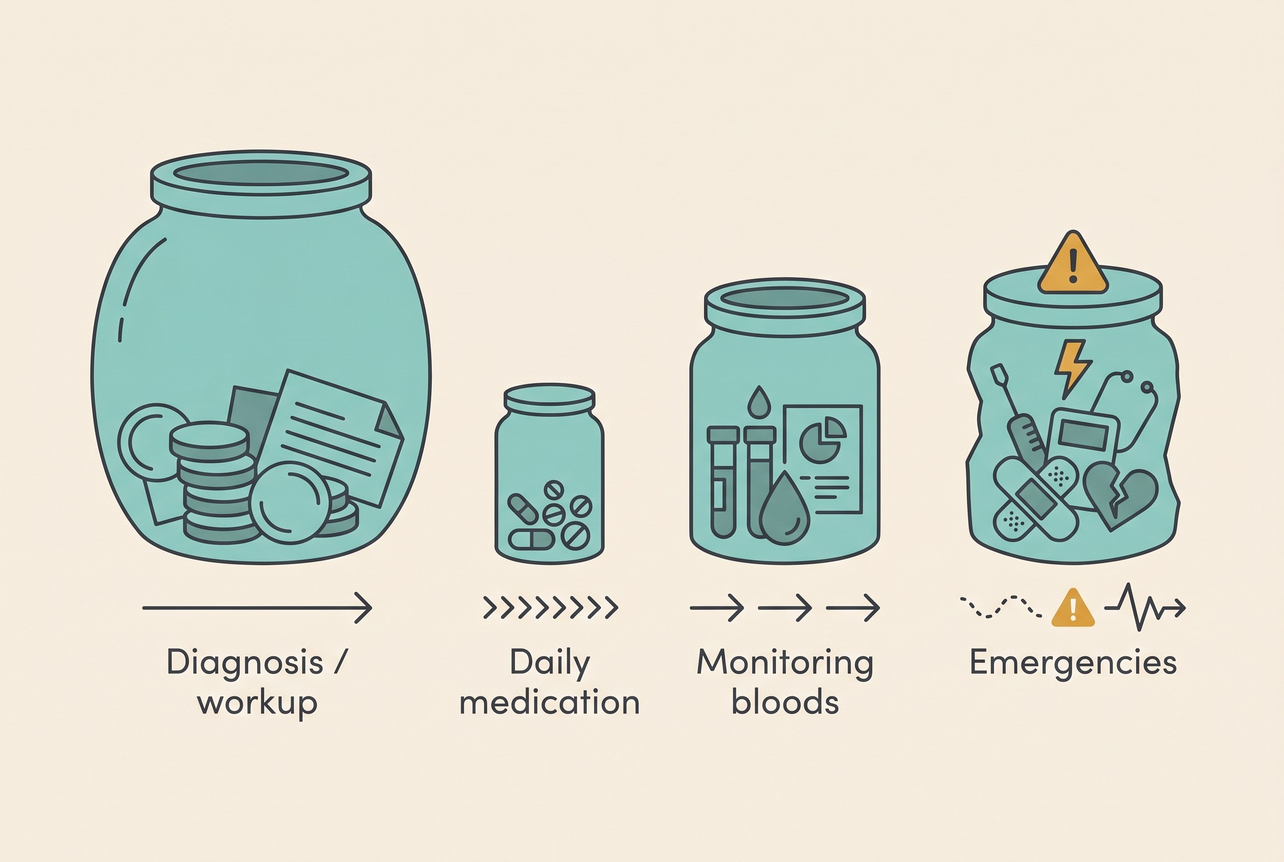 A flat infographic on a cream background showing four labelled cost buckets for canine and feline epilepsy: a large one-off "Diagnosis / workup" bucket, a small recurring "Daily medication" bucket, a medium recurring "Monitoring bloods" bucket, and an unpredictable "Emergencies" bucket, soft charcoal and teal palette