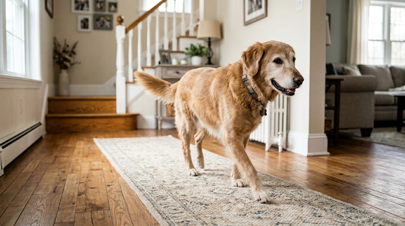 A lean, healthy senior dog walking comfortably on a non-slip runner rug across a wooden floor at home, bright and content, soft natural light