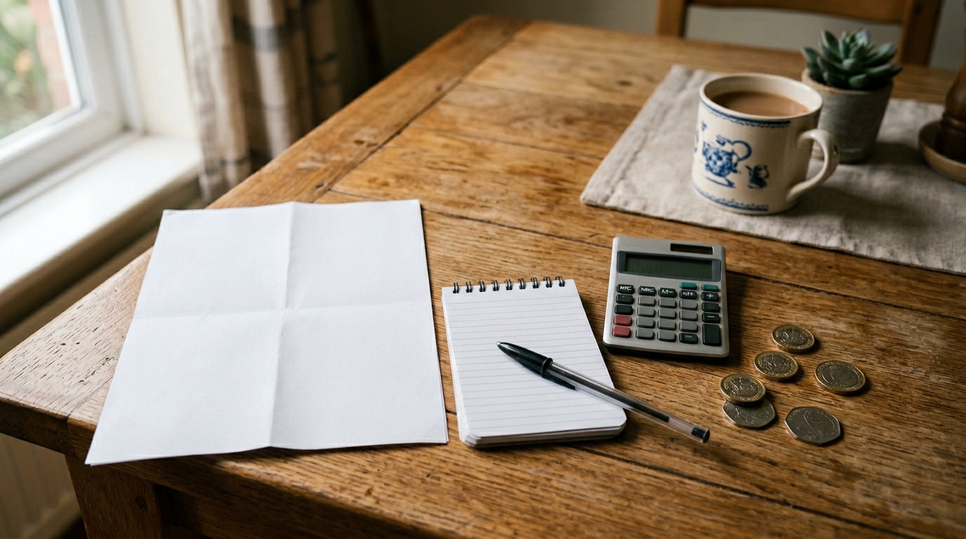 A calm still life of a vet invoice and a small notebook with a calculator and a pen on a warm wooden kitchen table, a pound coin or two beside them, soft natural light