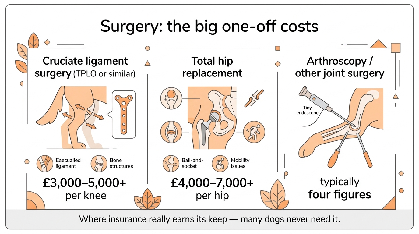 An infographic titled Surgery: the big one-off costs, showing UK price ranges: cruciate ligament surgery (TPLO or similar) £3,000 to £5,000+ per knee, total hip replacement £4,000 to £7,000+ per hip, and arthroscopy or other joint surgery typically four figures, soft orange and grey flat design
