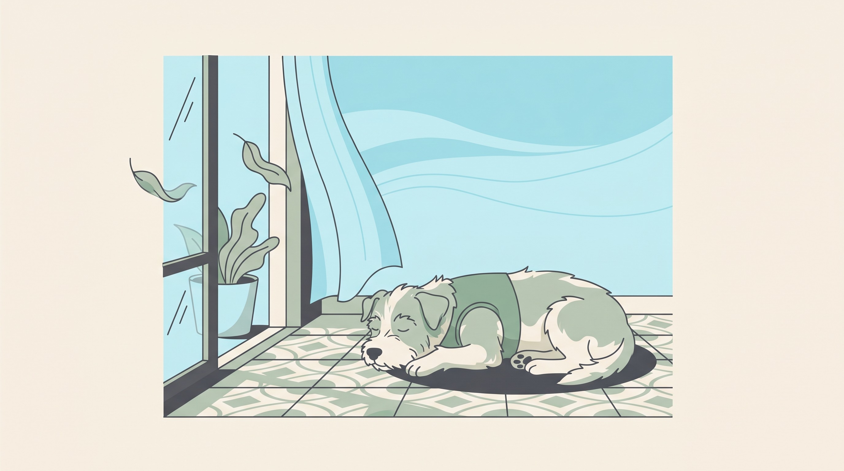 A small dog resting calmly on a cool floor beside an open window, wearing a harness rather than a collar, in a warm flat-vector style on a cream background