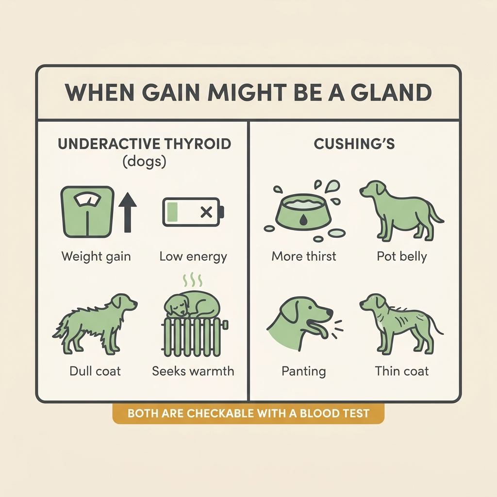 Two-panel card titled "WHEN GAIN MIGHT BE A GLAND": a thyroid panel for dogs showing weight up, low energy, a dull coat and a pet seeking a warm radiator, and a Cushing's panel showing a water bowl, a pot belly, panting and a thinning coat, with a footer reading "BOTH ARE CHECKABLE WITH A BLOOD TEST".