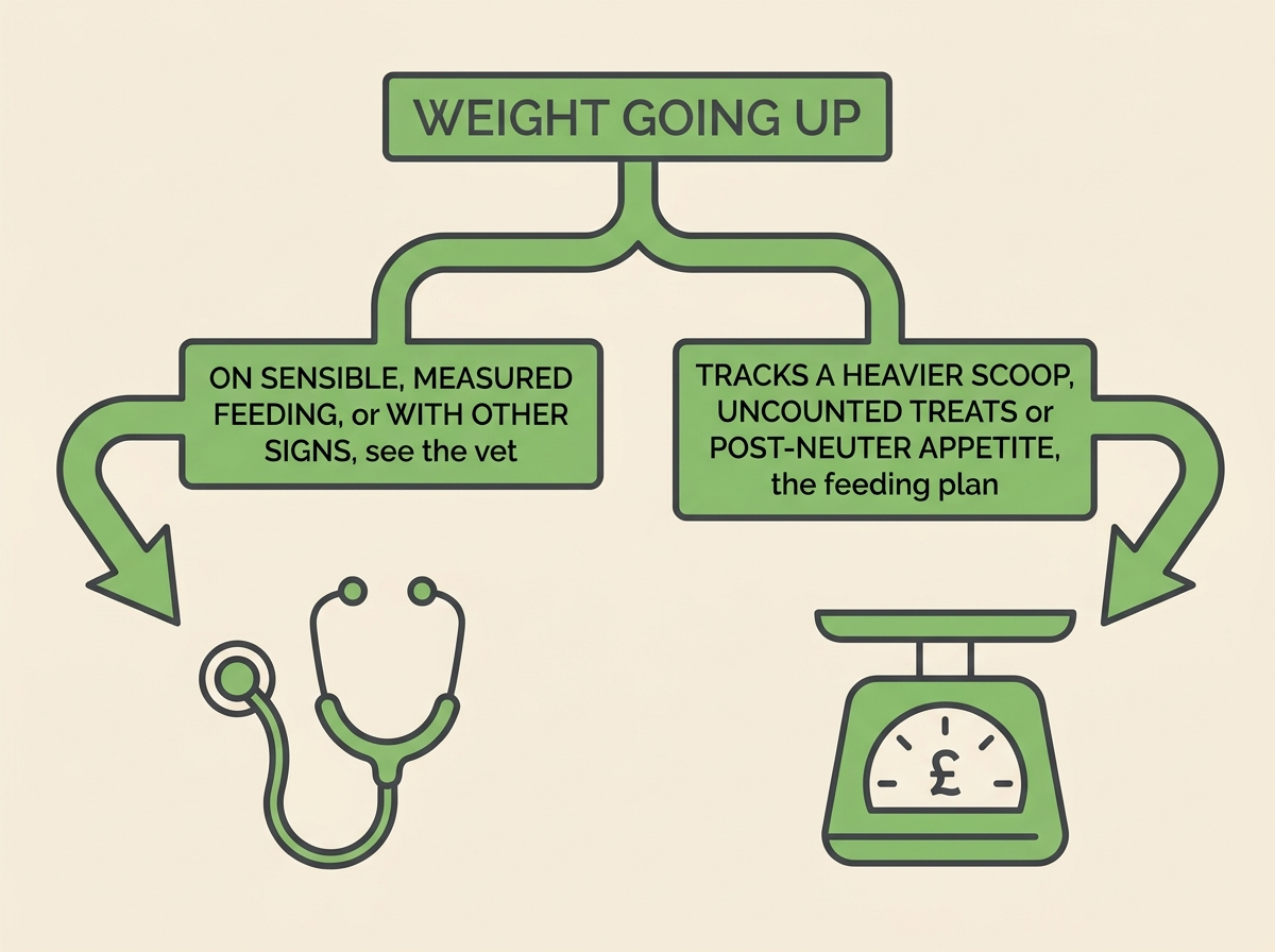 Decision fork titled "WEIGHT GOING UP": a left branch reading "ON SENSIBLE, MEASURED FEEDING, or WITH OTHER SIGNS, see the vet" arrowing to a stethoscope, and a right branch reading "TRACKS A HEAVIER SCOOP, UNCOUNTED TREATS or POST-NEUTER APPETITE, the feeding plan" arrowing to a kitchen scale.