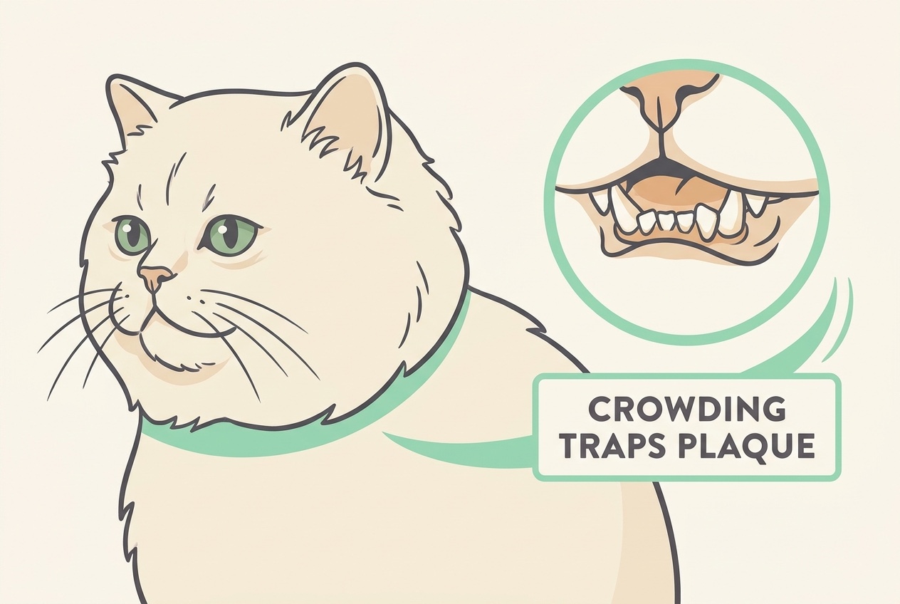 A flat vector illustration on cream of a calm Persian cat in profile, with a small inset showing crowded, slightly rotated front teeth. A mint-accented label reads "CROWDING TRAPS PLAQUE".