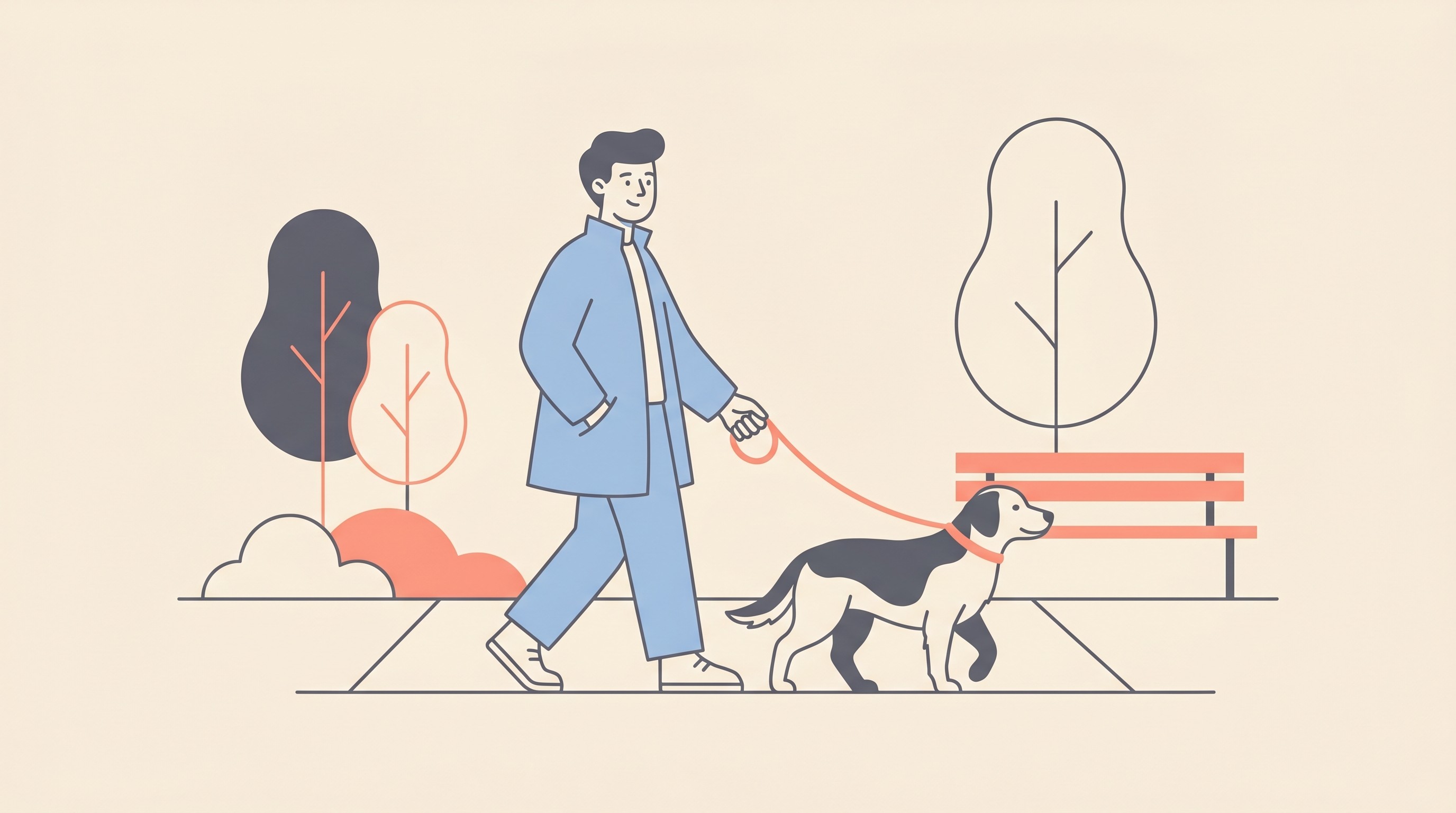 A flat vector illustration of an owner walking a dog calmly on a short lead on a cream background