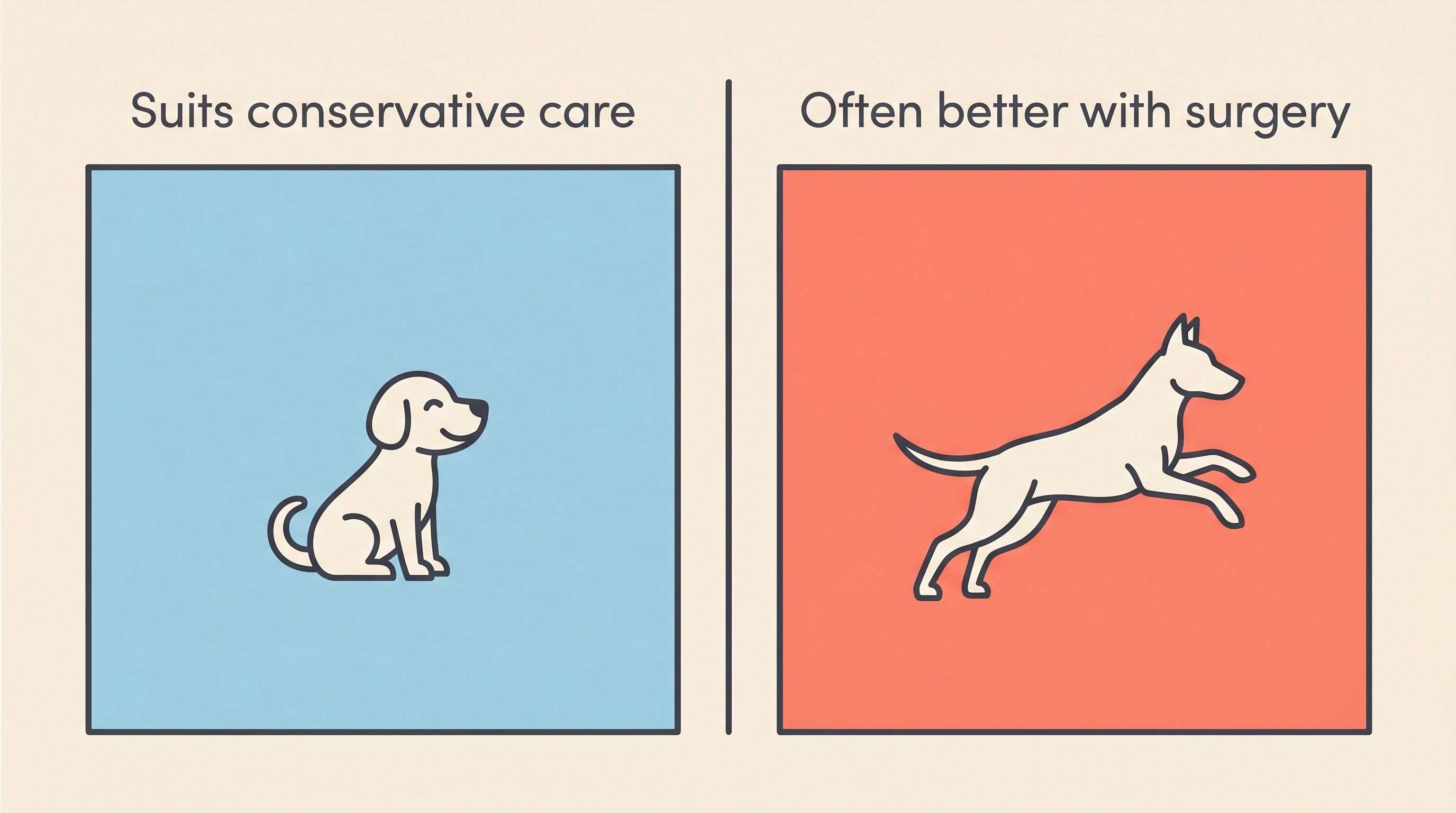A two-column comparison card showing which dogs suit conservative management and which suit surgery