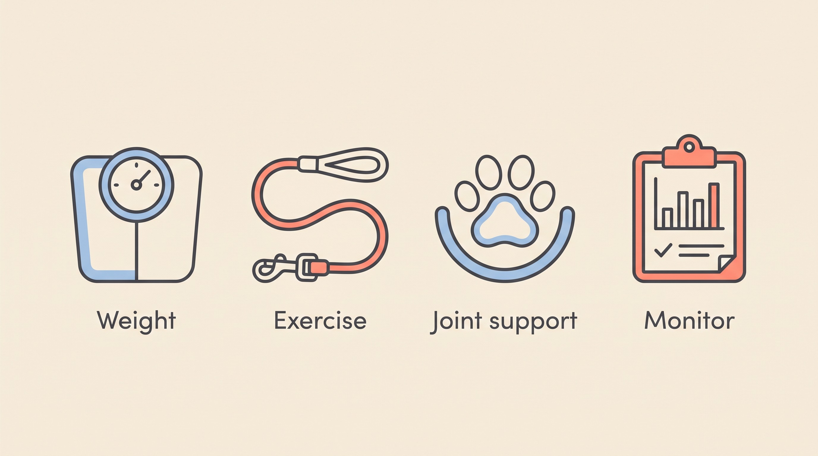 A row of four flat icons labelled Weight, Exercise, Joint support and Monitor, on a warm cream background