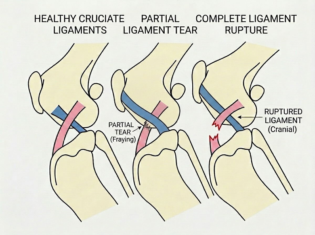 A four-stage timeline strip on cream showing a dog's cruciate ligament progressing from "Healthy" to "Fraying" to "Partial tear" to "Rupture"