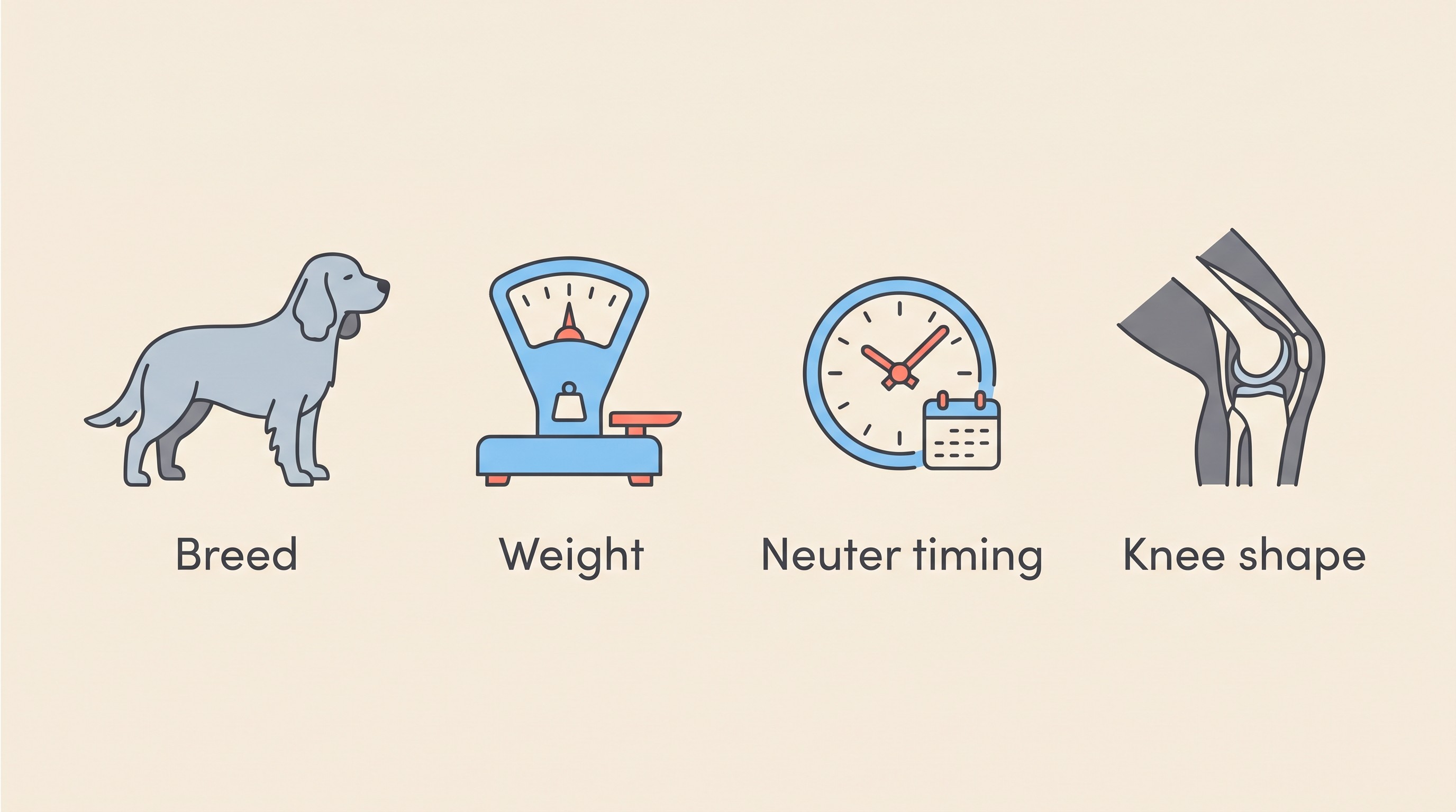 Four icons showing the main cruciate risk factors: breed, weight, neuter timing and knee shape