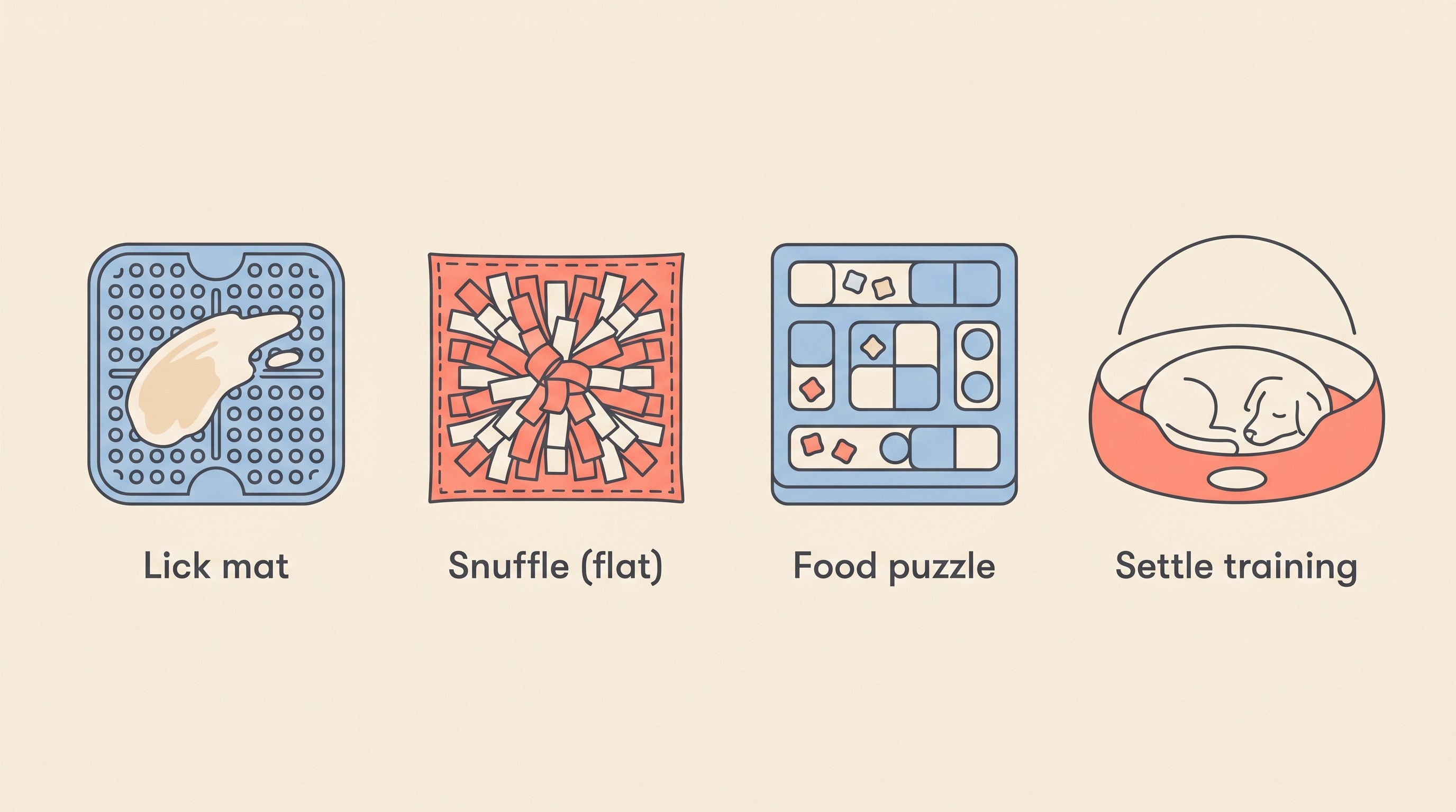 A row of flat-vector enrichment icons on a cream background, each labelled in plain text: Lick mat, Snuffle (flat), Food puzzle, Settle training, in soft charcoal with warm accent colours