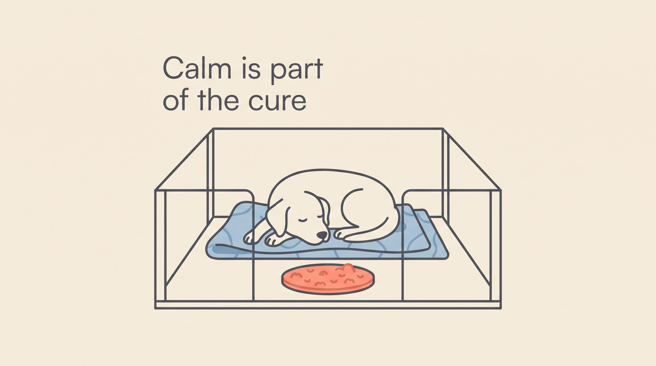 A content dog resting in a cosy pen with a lick mat, flat vector illustration on a cream background, calm and settled with no distress, heading text reading Calm is part of the cure