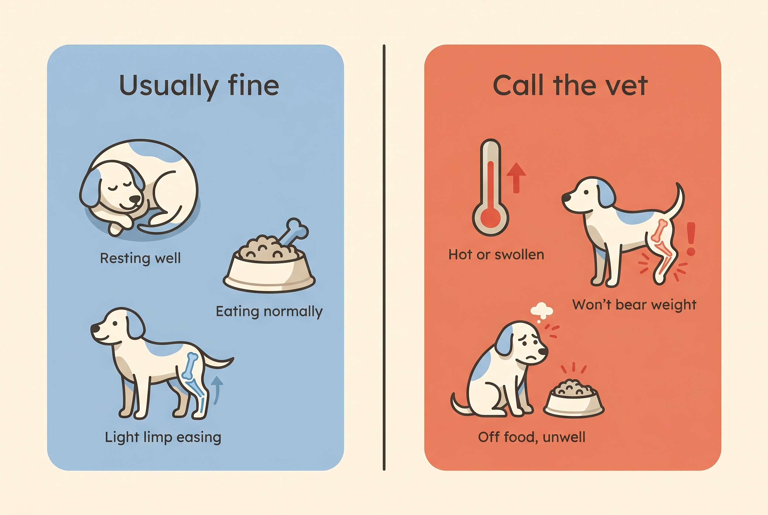 Two-column card contrasting usually-fine recovery signs with signs that mean call the vet