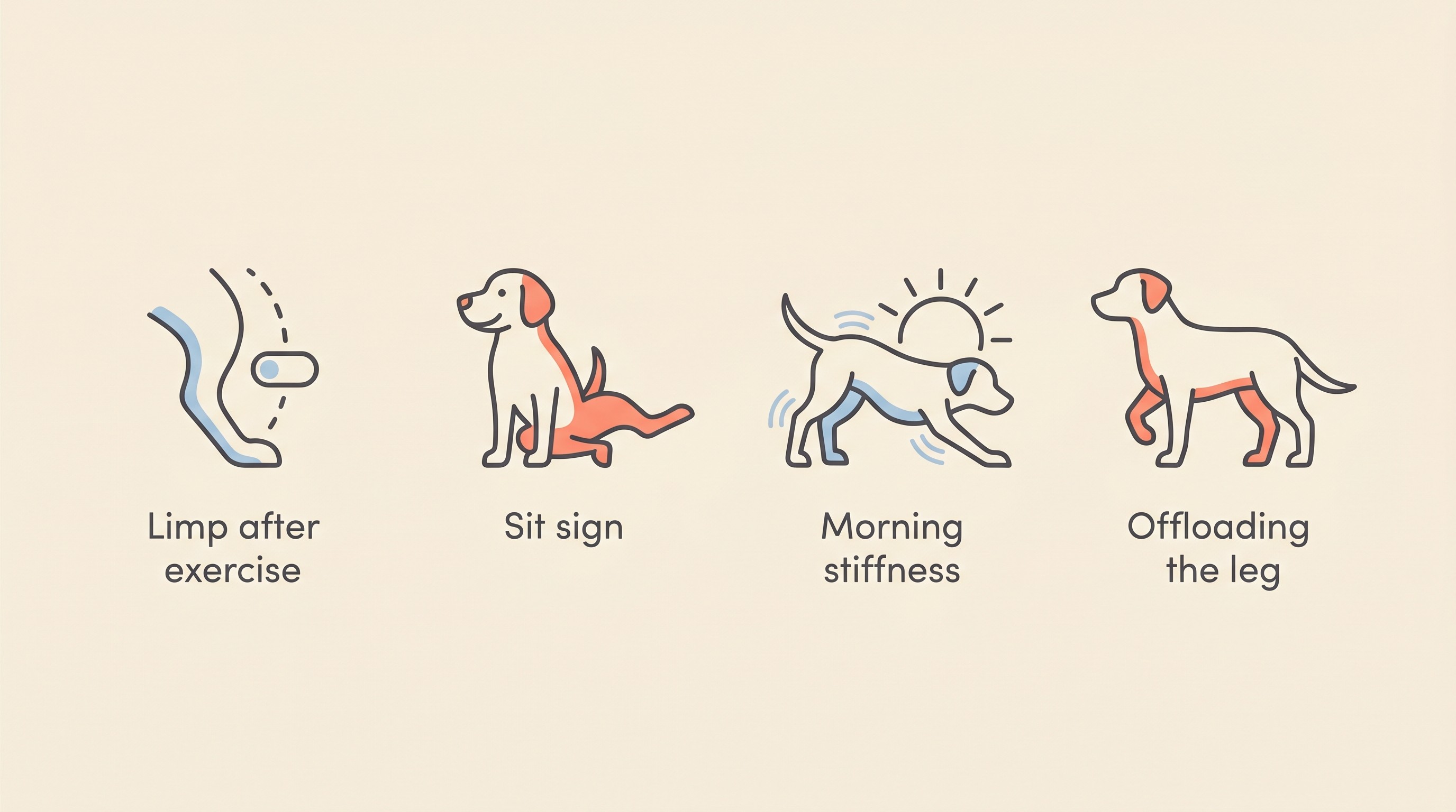 A row of flat icons showing the subtle early signs to watch for in a dog's other knee