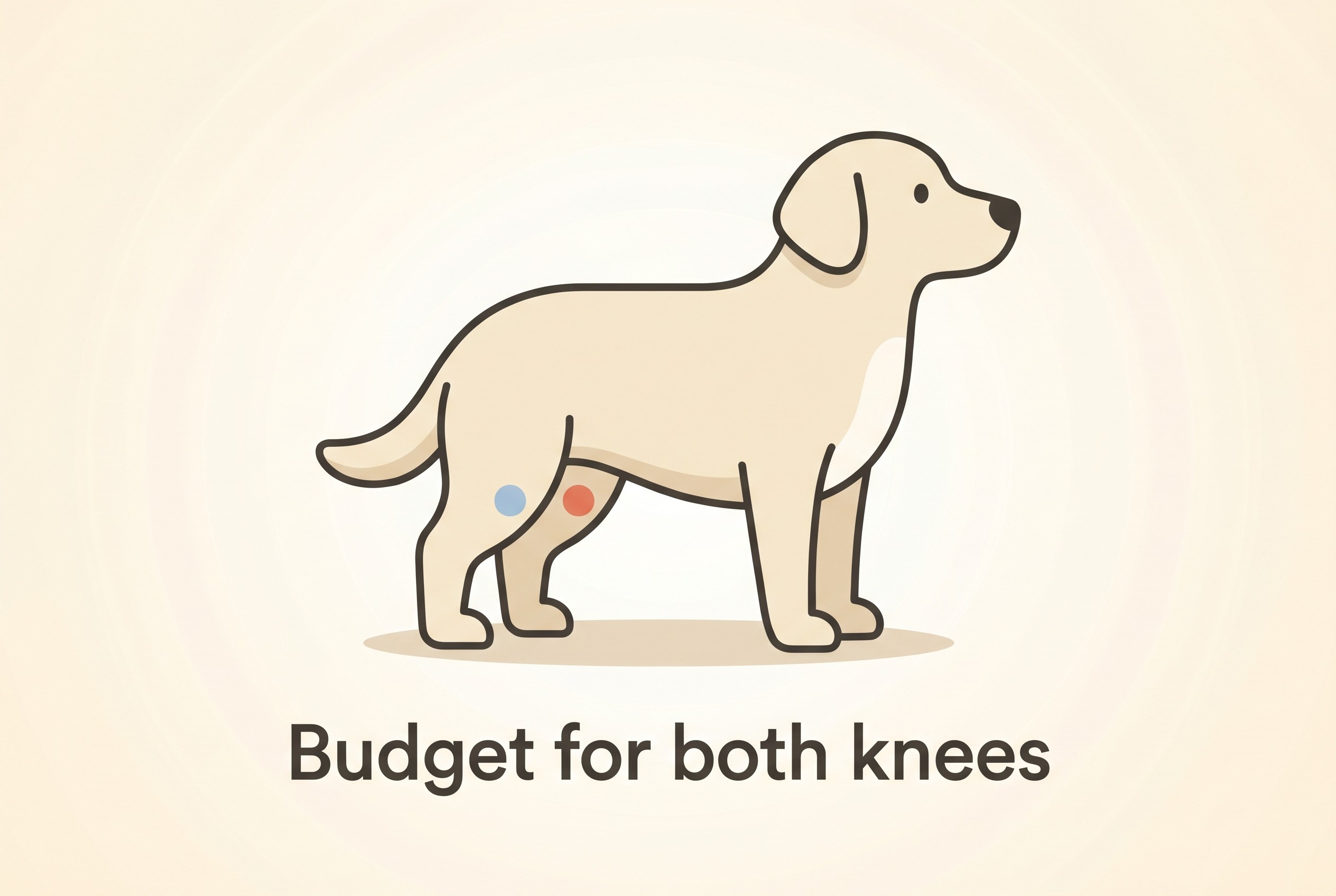 A flat-illustration prompt card showing a dog's two hind knees gently highlighted, headed "Budget for both knees"