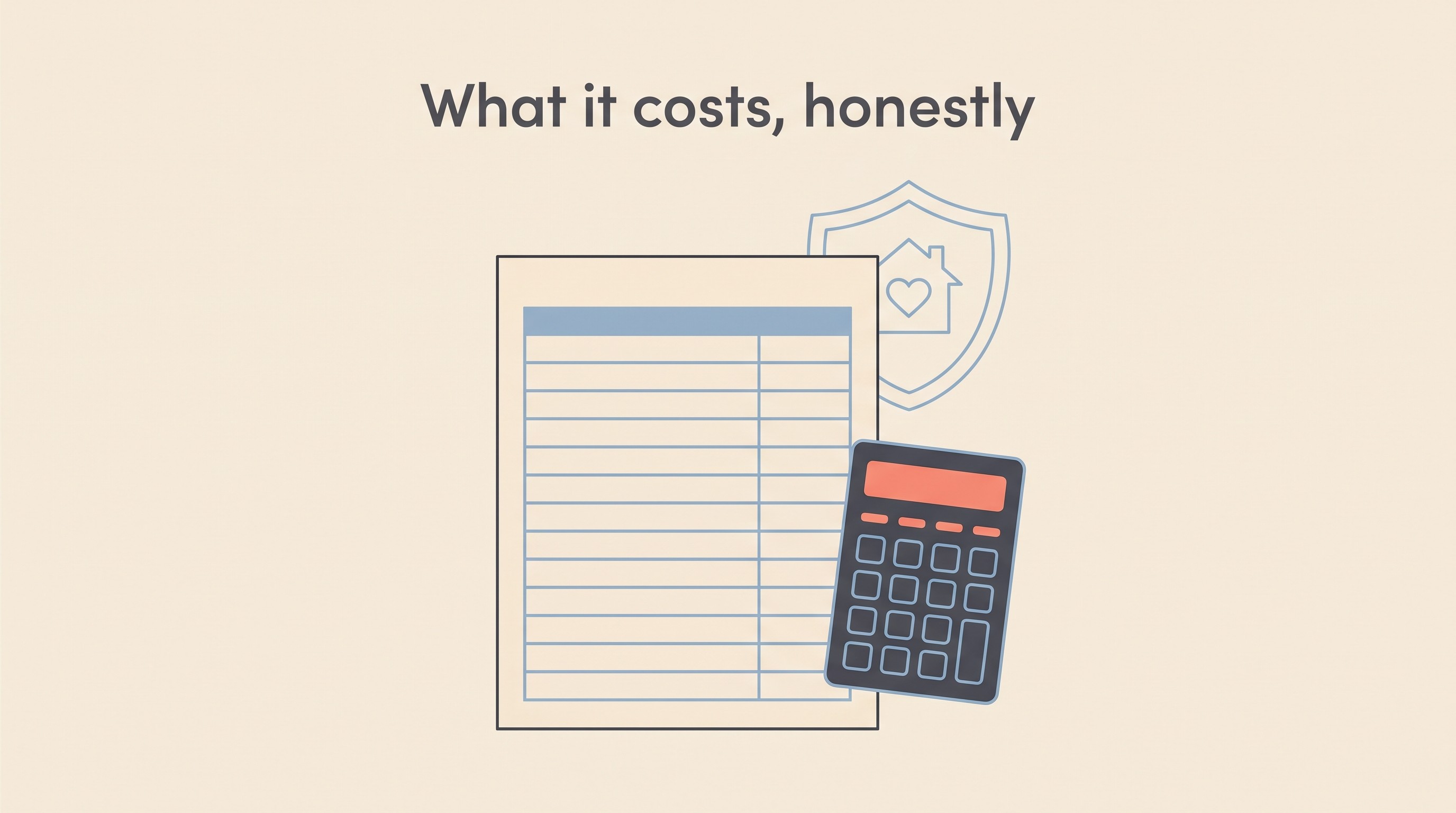 A calm flat-illustration budgeting worksheet and calculator on a warm cream background, headed "What it costs, honestly"