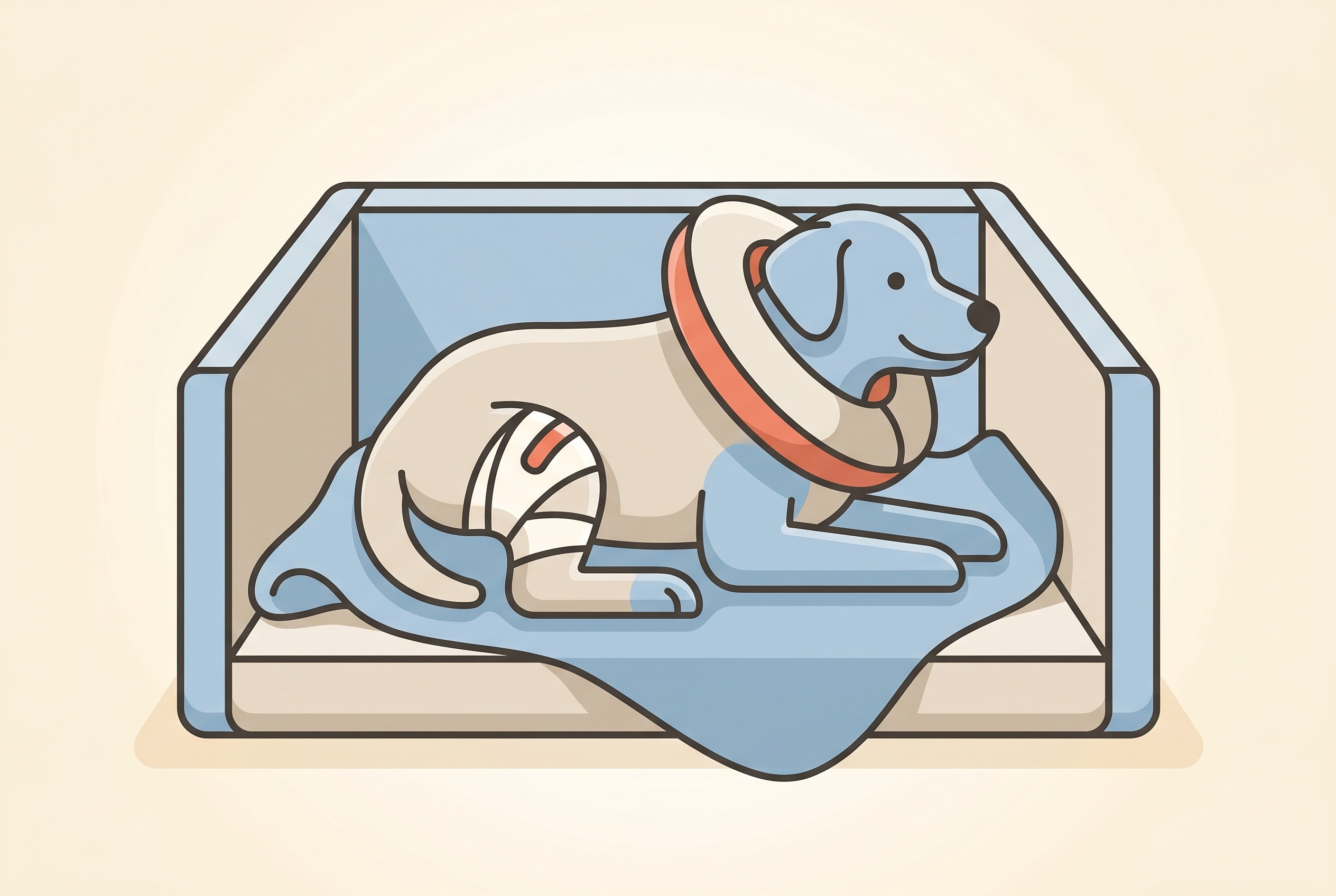 A calm dog resting in a padded pen wearing a protective collar, one shaved hindleg visible with a clean closed incision, warm domestic light on a cream background