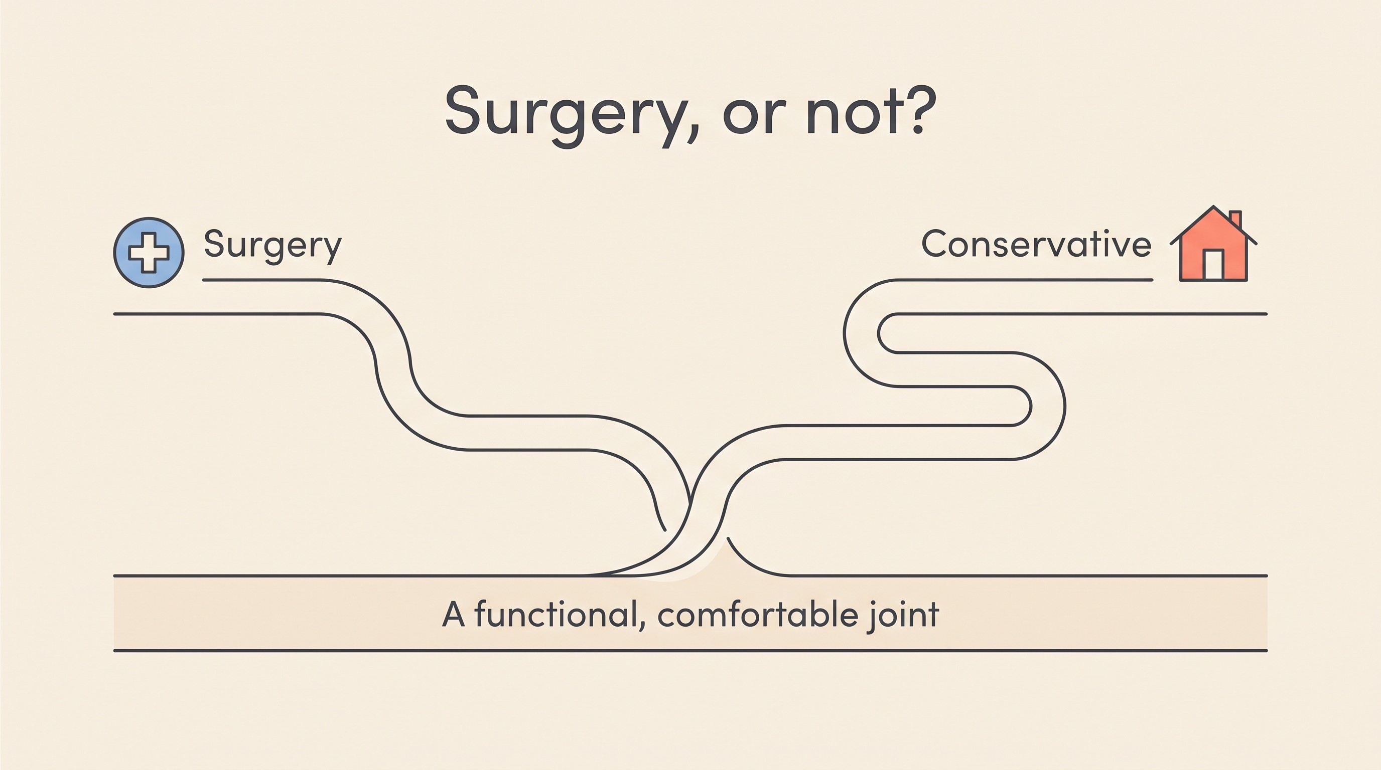 Flat vector card on cream showing two routes, one with a plus icon headed "Surgery" and one with a house icon headed "Conservative", both converging on a band reading "A functional, comfortable joint", with the heading "Surgery, or not?"