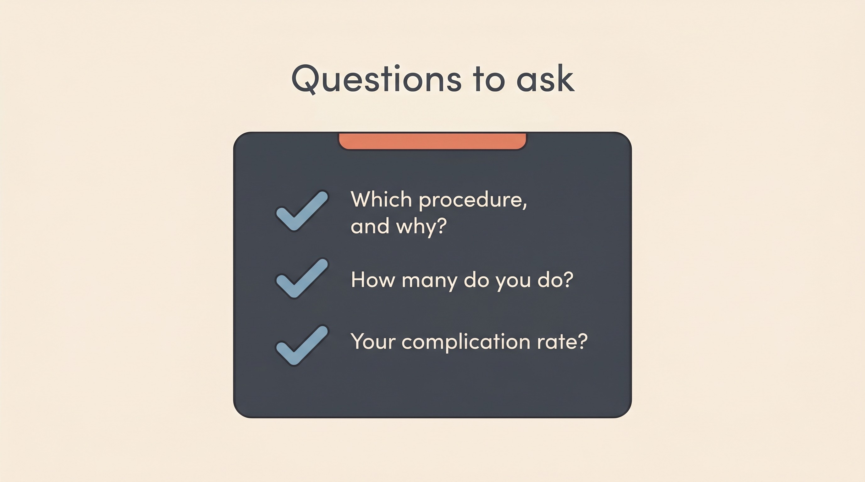 A checklist card of fair questions to ask the surgeon before cruciate surgery