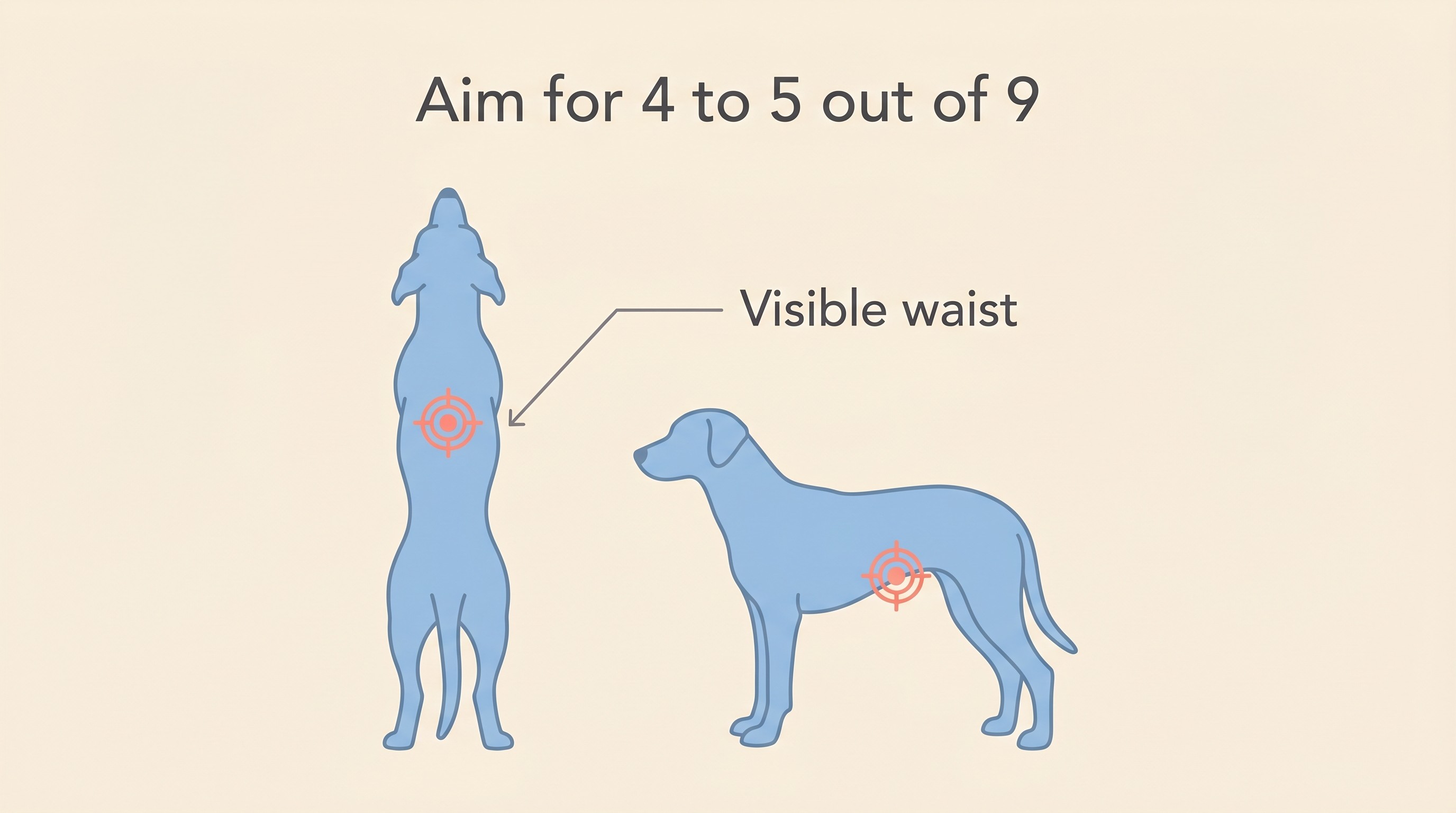 A flat-vector body-condition card on warm cream showing the same dog at an ideal lean shape with a visible waist from above and a tucked abdomen from the side, ribs easily felt, alongside the target text "Aim for 4 to 5 out of 9"