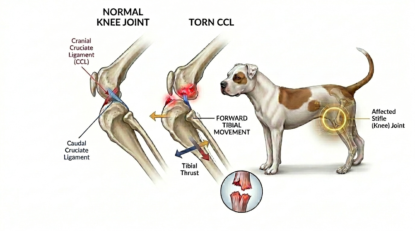 A clean medical illustration of a dog's stifle (knee) joint comparing a healthy intact cranial cruciate ligament holding the joint stable against a frayed, degenerating and partly ruptured ligament letting the shin bone slide forward, soft blue and coral palette, labelled