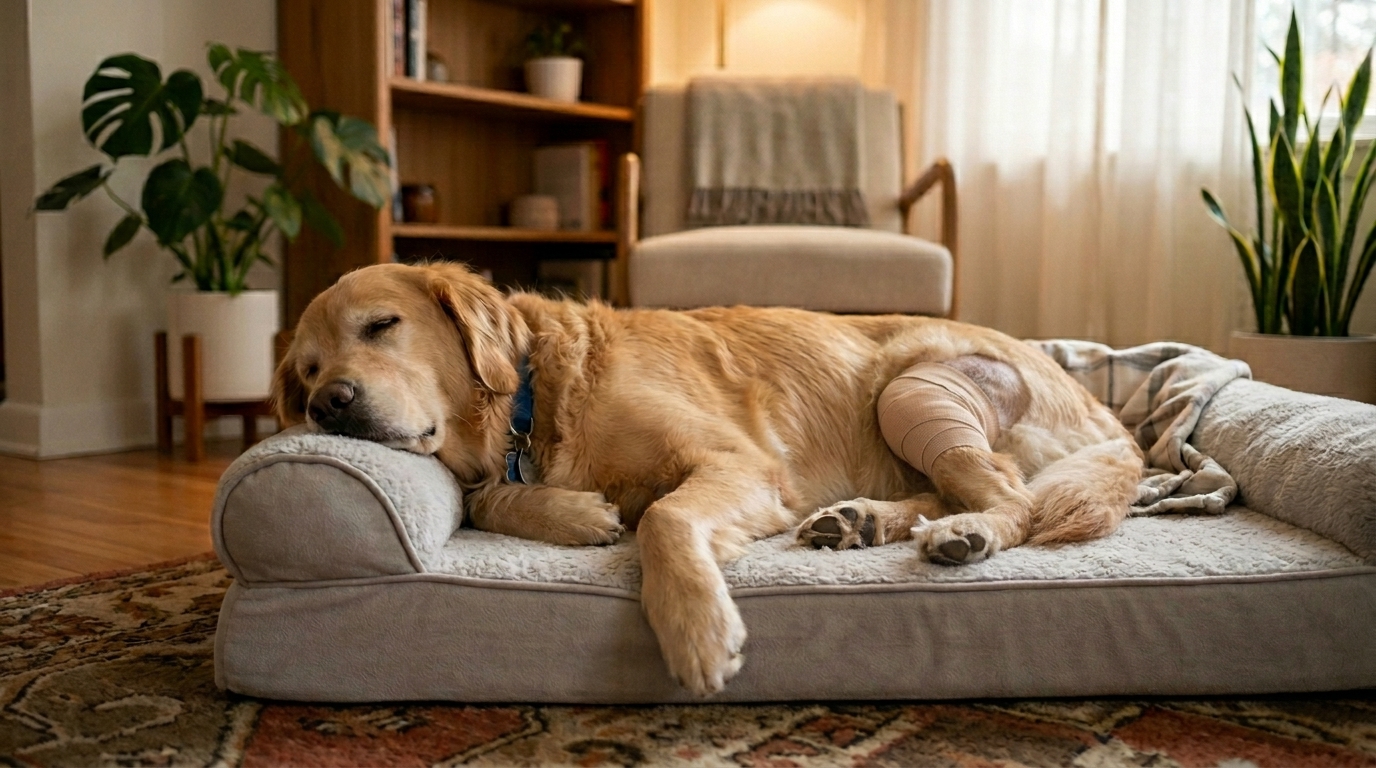 A dog resting calmly on an orthopaedic bed in a quiet room a few weeks after knee surgery, one hindleg in a light dressing, soft warm domestic light