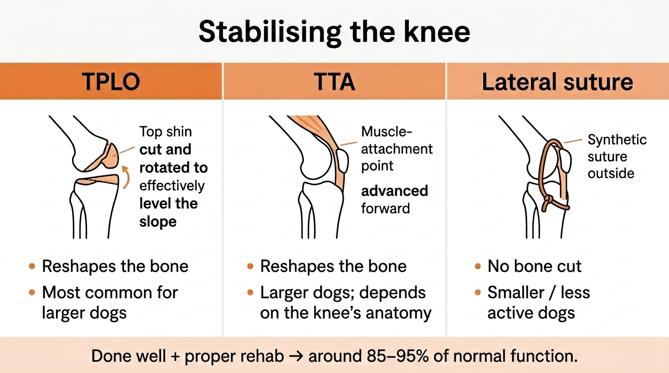A comparison infographic of the three cruciate stabilisation surgeries: TPLO (levels the shin-bone slope), TTA (advances the muscle attachment) and Lateral suture (a synthetic suture outside the joint), with a note that good surgery plus rehab restores around 85 to 95 percent of function