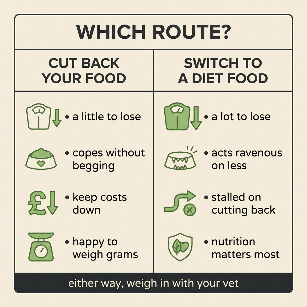 A two-column compare card. Left: cut back your food, a little to lose, copes without begging, keep costs down, happy to weigh grams. Right: switch to a diet food, a lot to lose, acts ravenous on less, stalled on cutting back, nutrition matters most. A footer strip reads either way, weigh in with your vet.