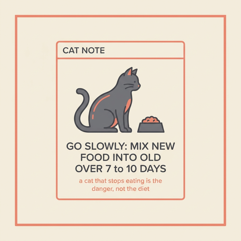 A coral-bordered cat note callout card with a calm healthy cat at a small measured bowl. Text reads go slowly, mix new food into old over 7 to 10 days, and a smaller line reads a cat that stops eating is the danger, not the diet.