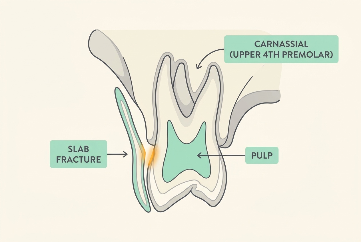 Flat vector diagram on cream with soft charcoal linework, a mint accent and a small amber highlight on the crack. It shows the upper jaw in profile with the large three-rooted carnassial labelled "CARNASSIAL (UPPER 4TH PREMOLAR)", a thin flake of tooth splitting off its side labelled "SLAB FRACTURE", and the exposed core labelled "PULP".