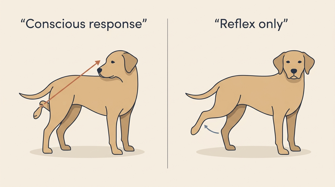 Two panels contrasting a conscious head-turn response with a reflex leg-withdrawal
