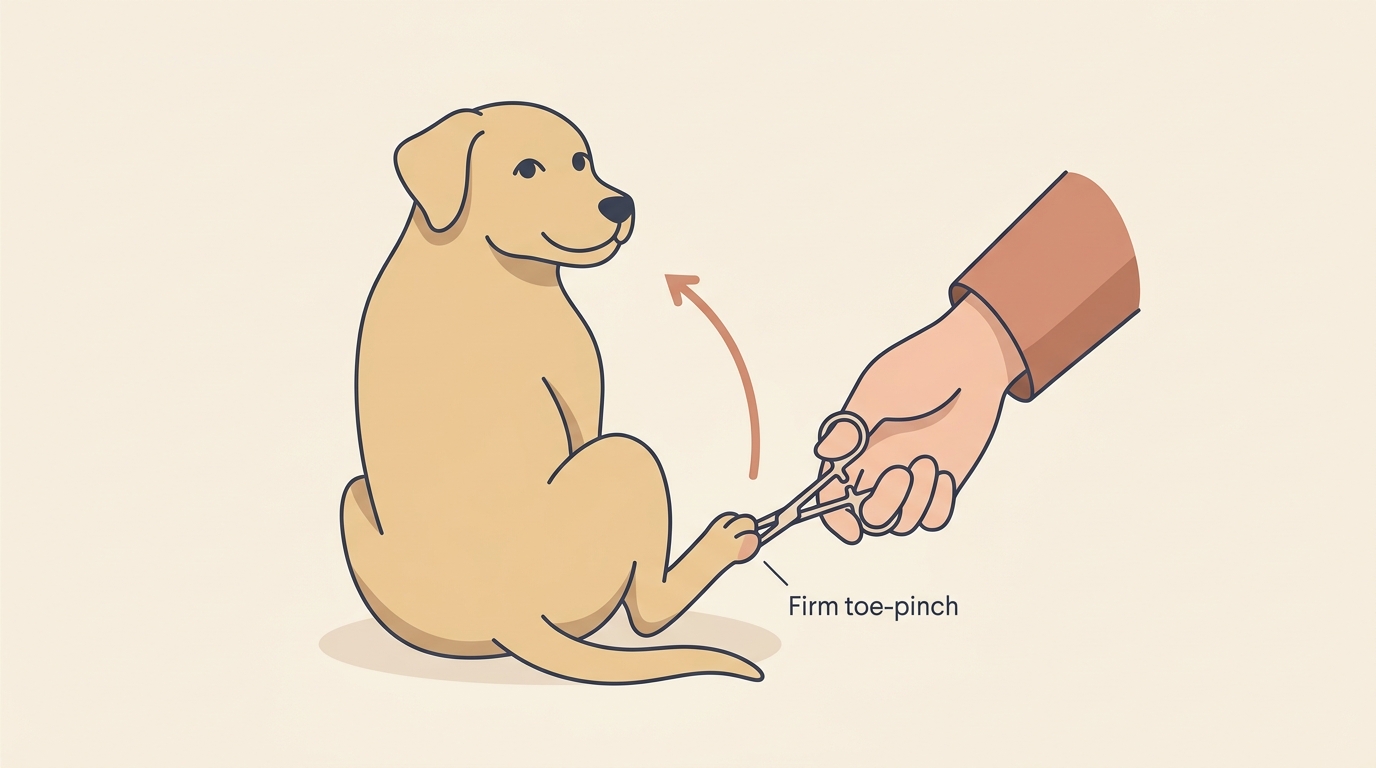 A vet applying a firm toe-pinch and the dog turning its head to look