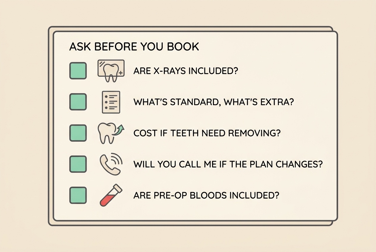 Flat vector checklist card on a warm cream background headed "ASK BEFORE YOU BOOK", with five rows each marked by a small mint-green checkbox and a simple icon. The rows read "ARE X-RAYS INCLUDED?", "WHAT'S STANDARD, WHAT'S EXTRA?", "COST IF TEETH NEED REMOVING?", "WILL YOU CALL ME IF THE PLAN CHANGES?", and "ARE PRE-OP BLOODS INCLUDED?". Soft charcoal linework, calm and practical, no animals.