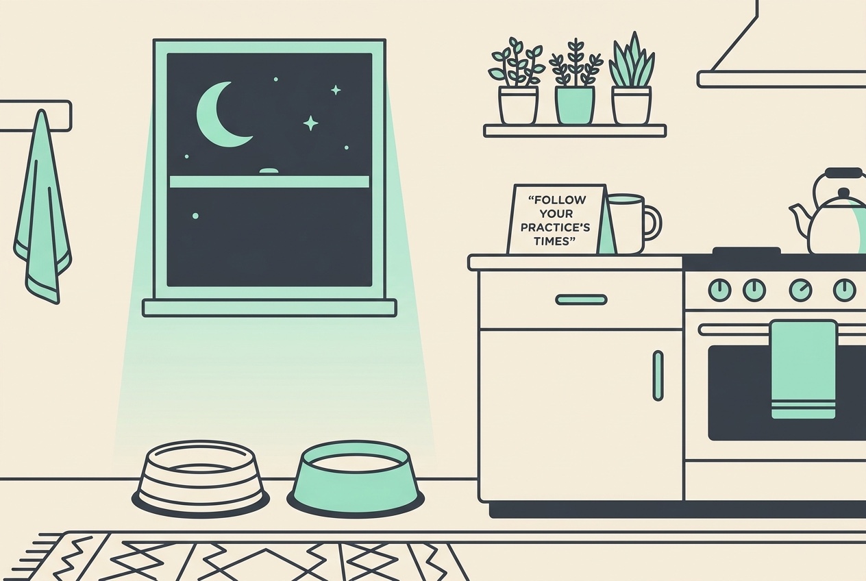 A calm flat illustration of a kitchen at night: an empty food bowl on the floor, a full water bowl still down, and a small note on the counter reading "FOLLOW YOUR PRACTICE'S TIMES".