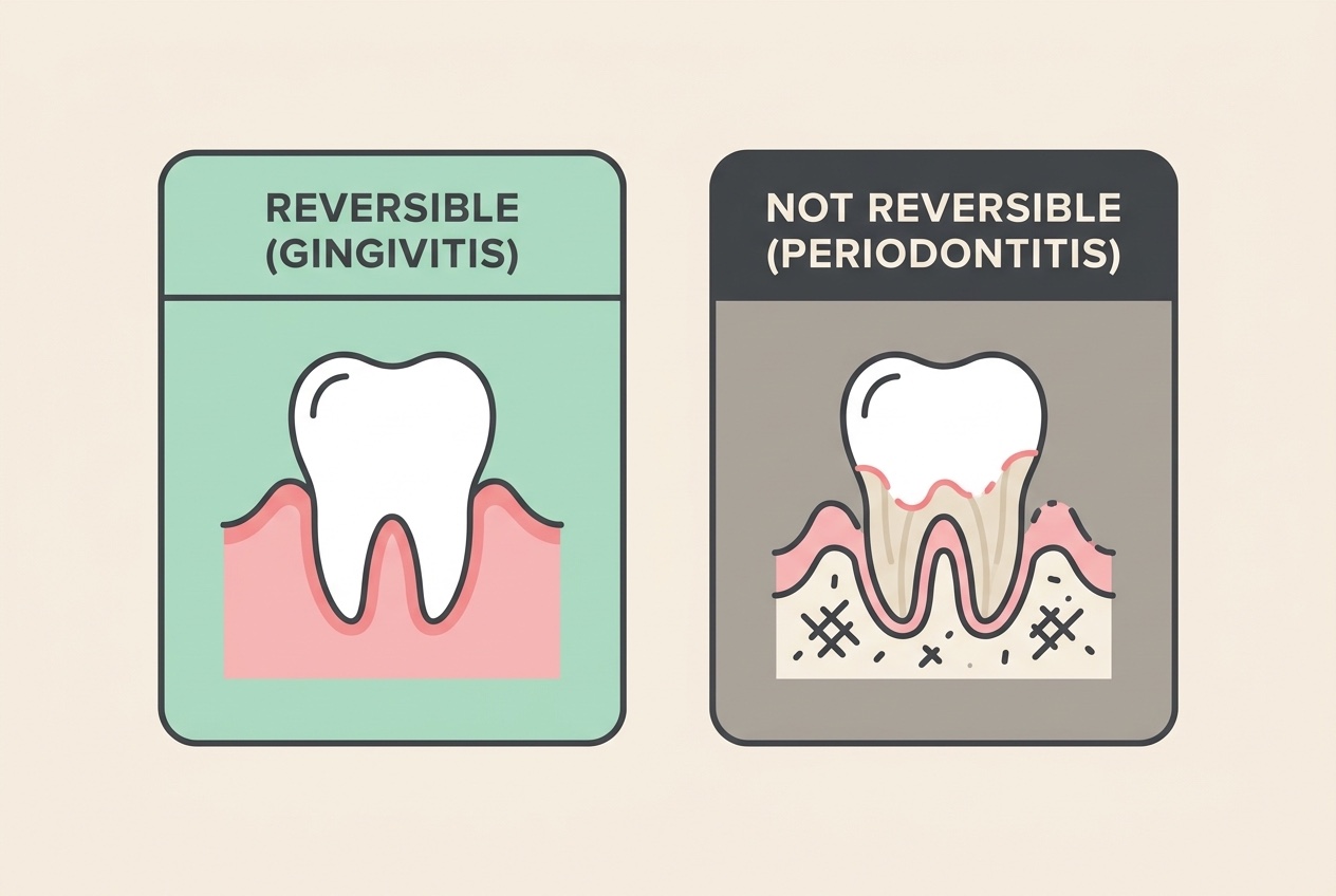 A two-panel flat vector card. Left panel in mint, labelled "REVERSIBLE (GINGIVITIS)", shows a healthy pink gumline. Right panel in charcoal, labelled "NOT REVERSIBLE (PERIODONTITIS)", shows a receded gumline with exposed root.