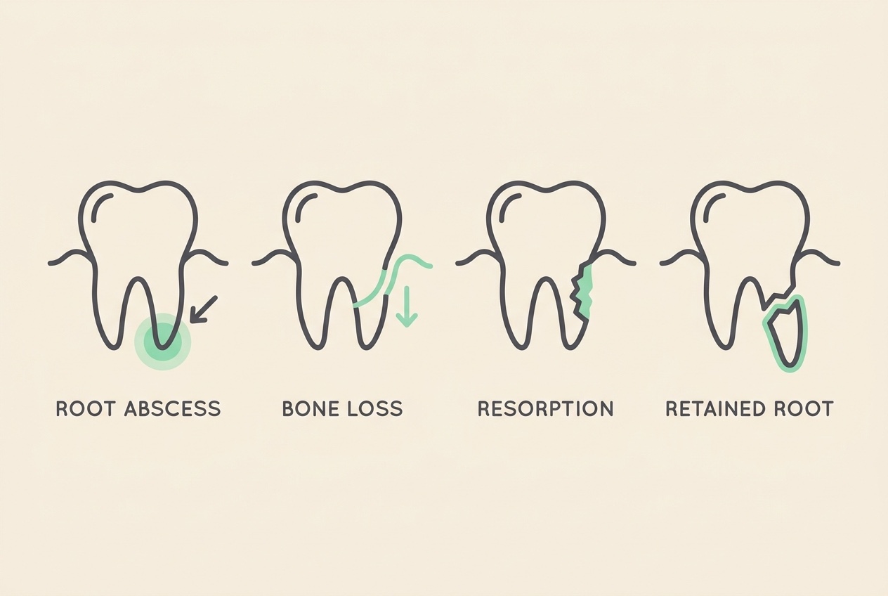 Flat vector icon row on a warm cream background, soft charcoal line work with a mint accent. Four simple diagrammatic tooth icons in a row, each showing a hidden problem at or below the root, labelled underneath in soft charcoal: "ROOT ABSCESS", "BONE LOSS", "RESORPTION", "RETAINED ROOT"