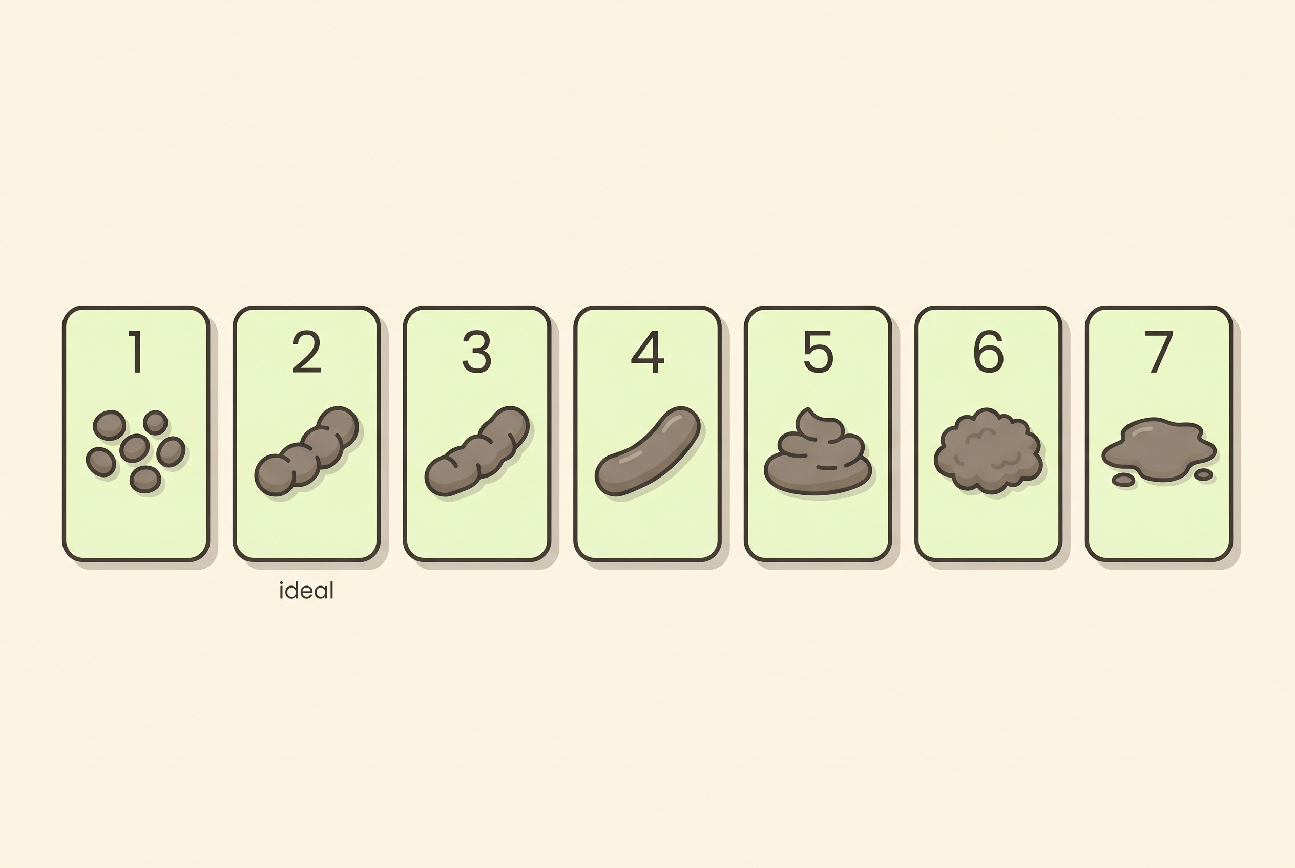 The 1-7 faecal scoring chart shown as clean flat icons on a cream background, each labelled with its level number from "1" hard pellets to "7" watery puddle