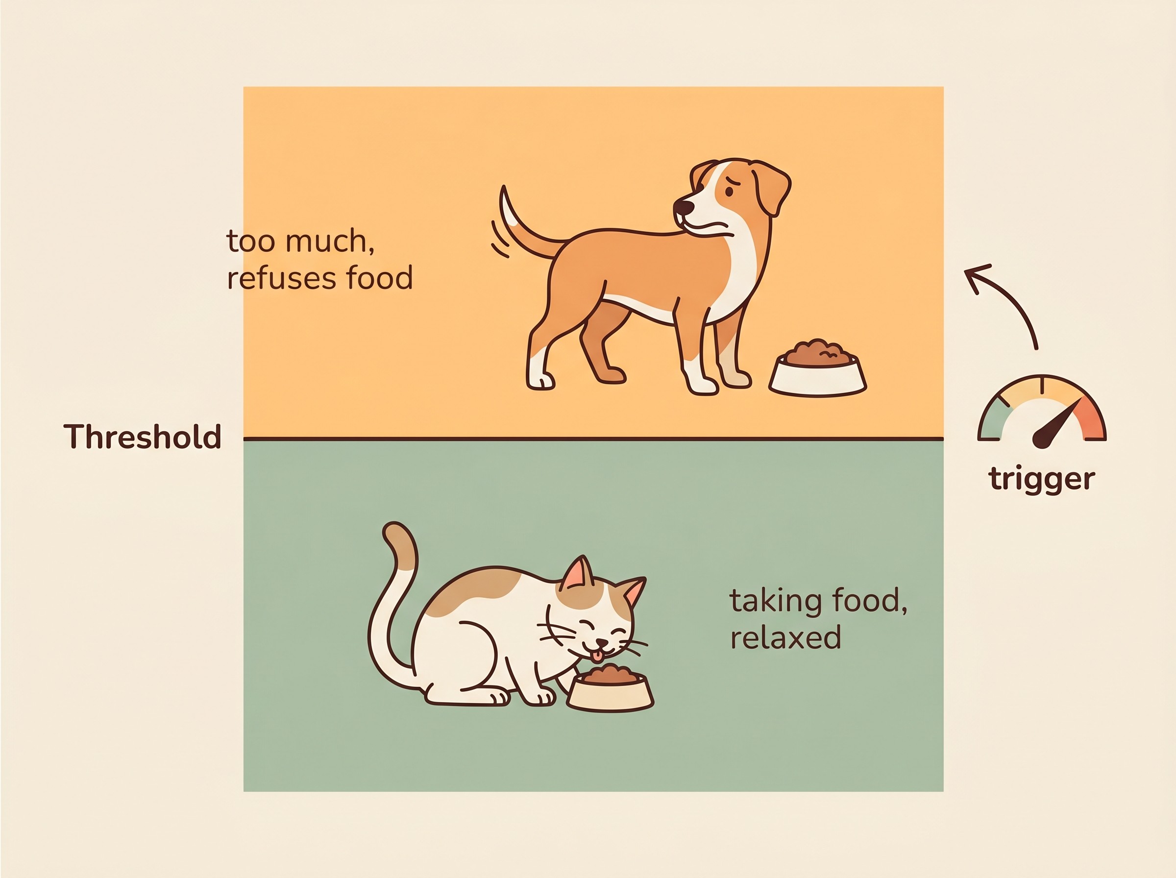 A diagram showing a calm pet under the threshold line taking food, and an over-threshold pet refusing food and reacting, with a dial turning the trigger up only as the pet stays relaxed
