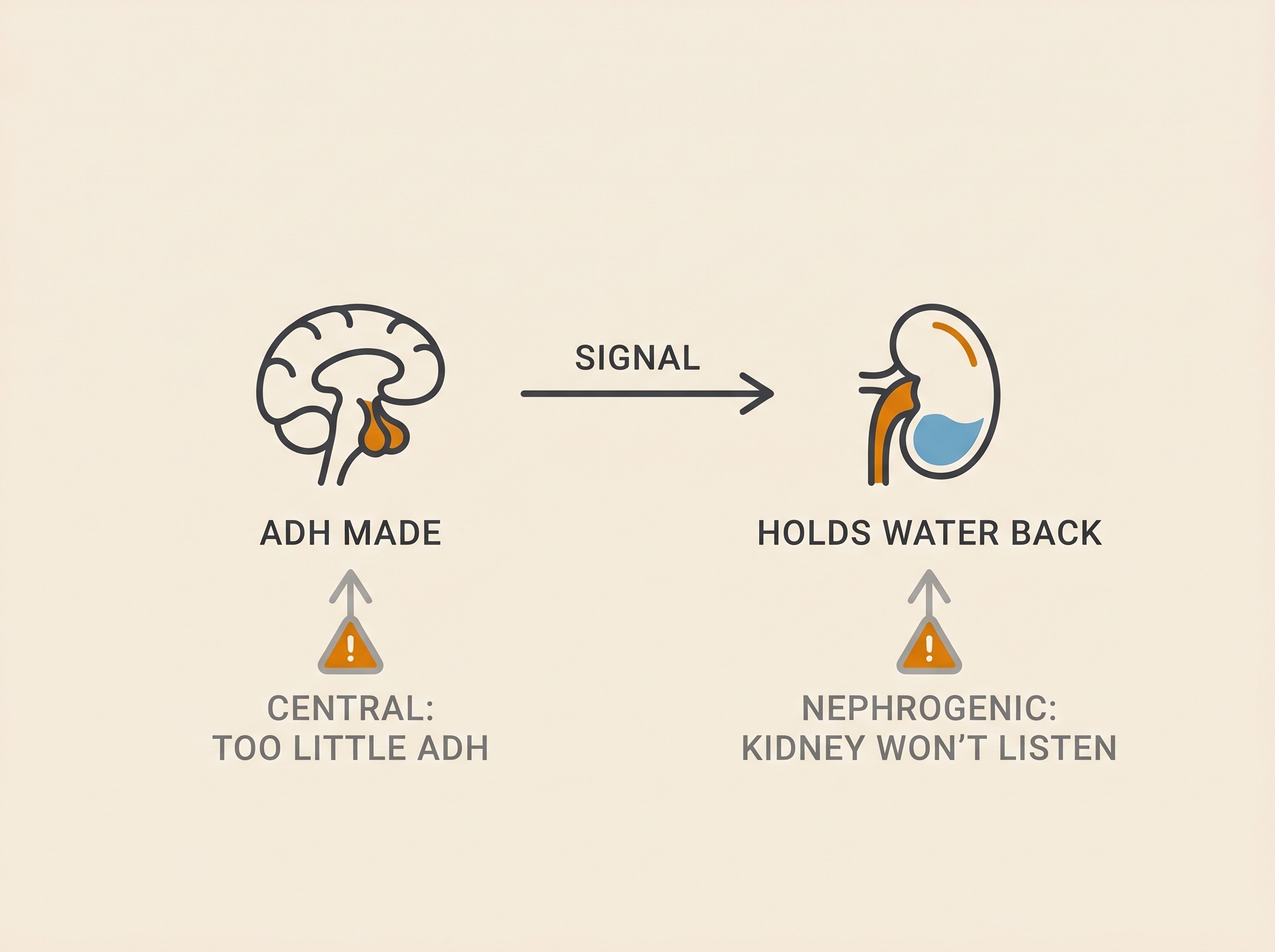 A three-step ADH pathway from a brain-and-pituitary icon ADH MADE through a SIGNAL arrow to a kidney HOLDS WATER BACK, with two fault points CENTRAL TOO LITTLE ADH and NEPHROGENIC KIDNEY WON'T LISTEN