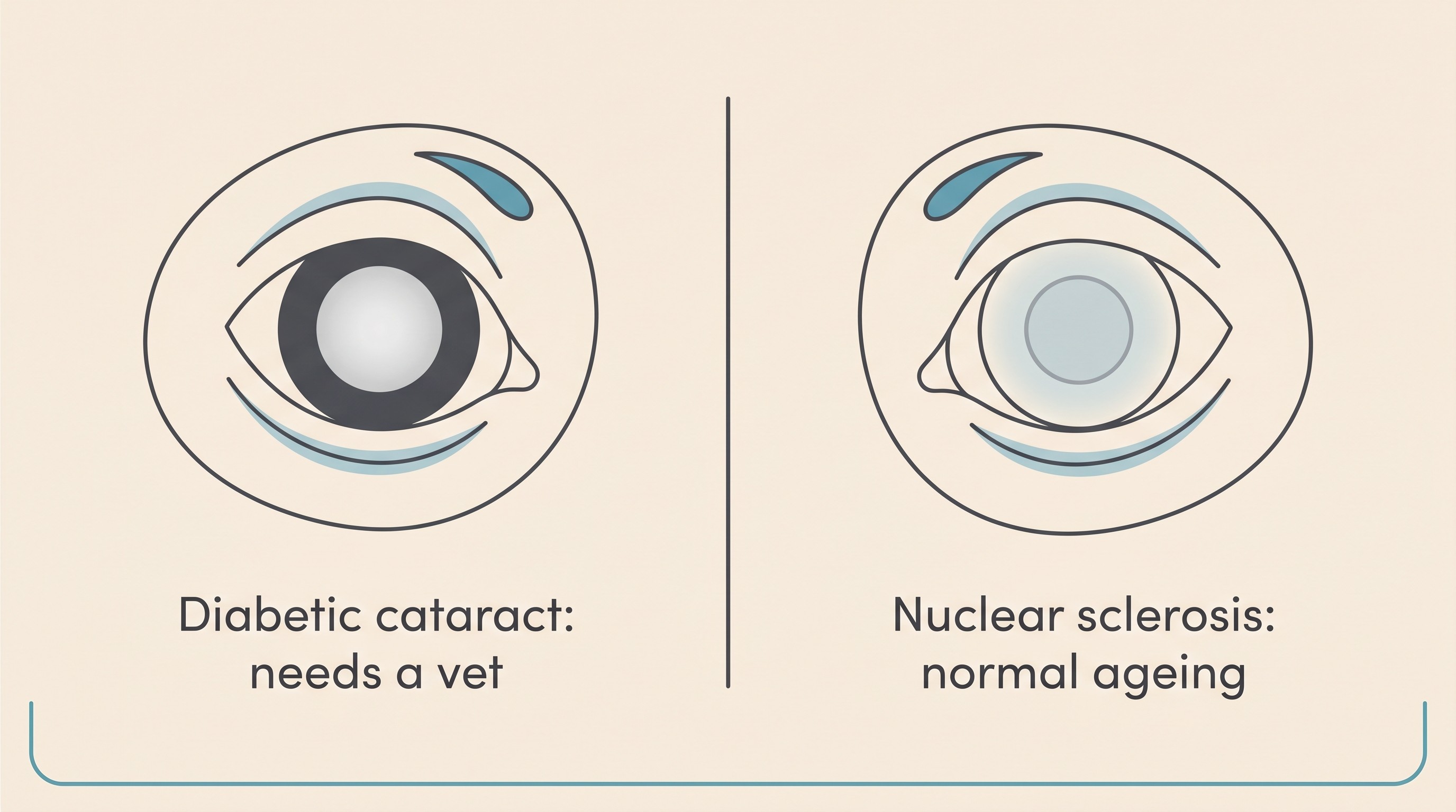 Side-by-side flat illustration on cream of two dog eyes: on the left a diabetic cataract shown as a solid white-grey opacity filling the pupil and blocking the view through it, labelled needs a vet; on the right benign nuclear sclerosis shown as a faint even blue-grey haze you can still see through, labelled normal ageing